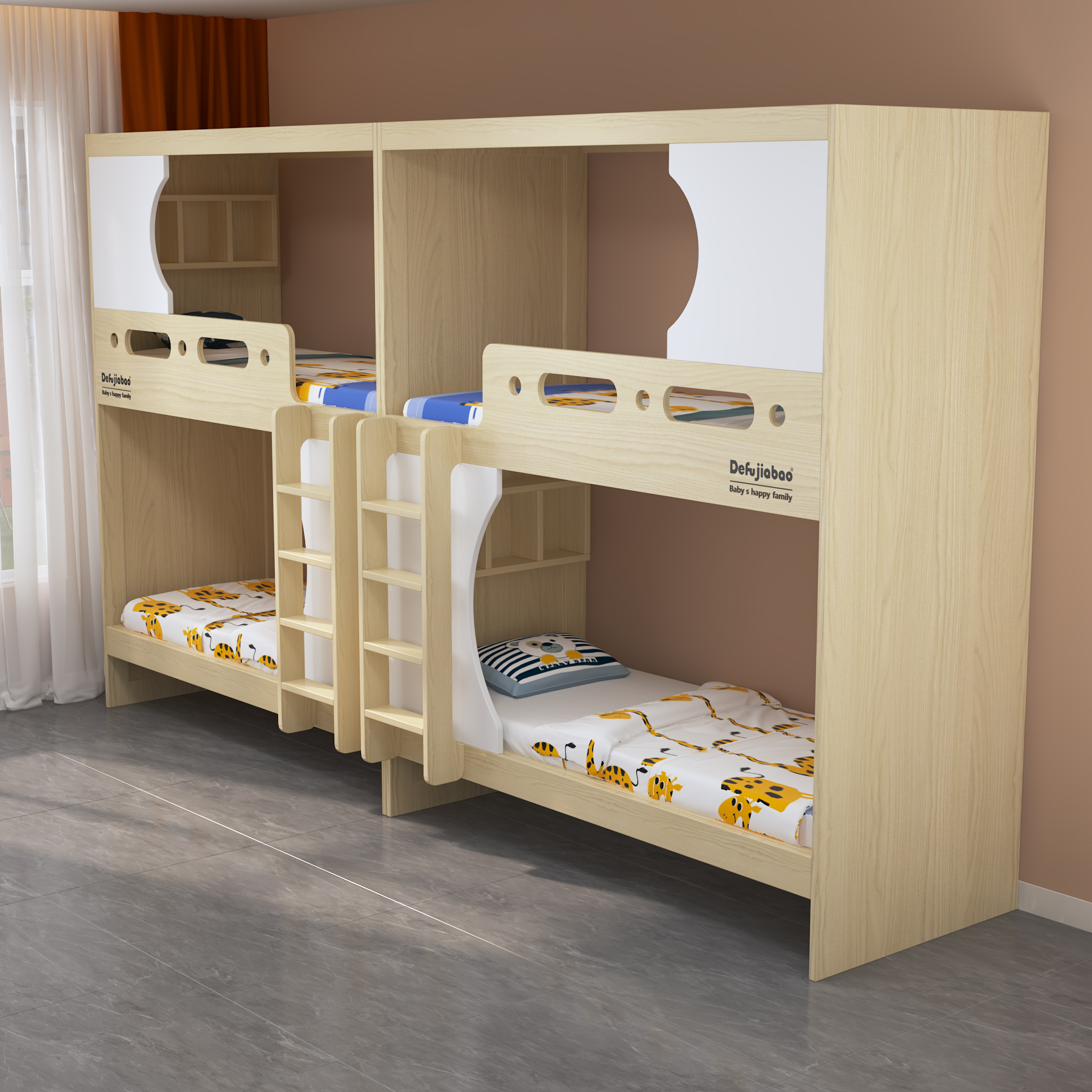 Quadruple Bunk Bed  with Dual Ladders | 4-Person Wooden Dorm Bed for Students