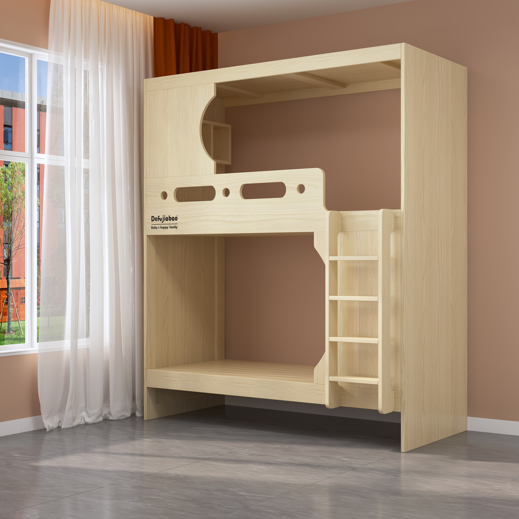 Quadruple Bunk Bed  with Dual Ladders | 4-Person Wooden Dorm Bed for Students