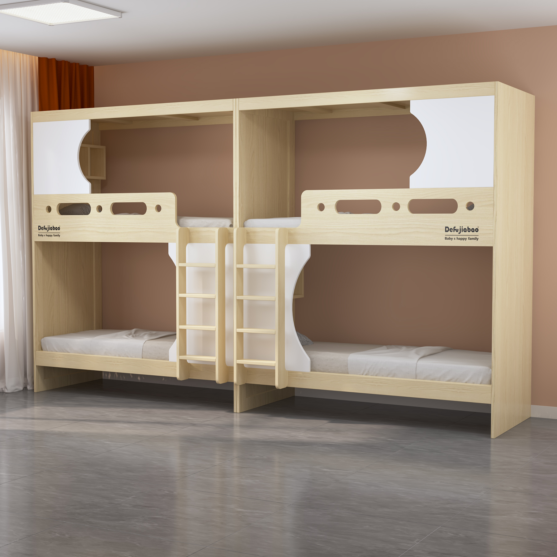 Quadruple Bunk Bed  with Dual Ladders | 4-Person Wooden Dorm Bed for Students