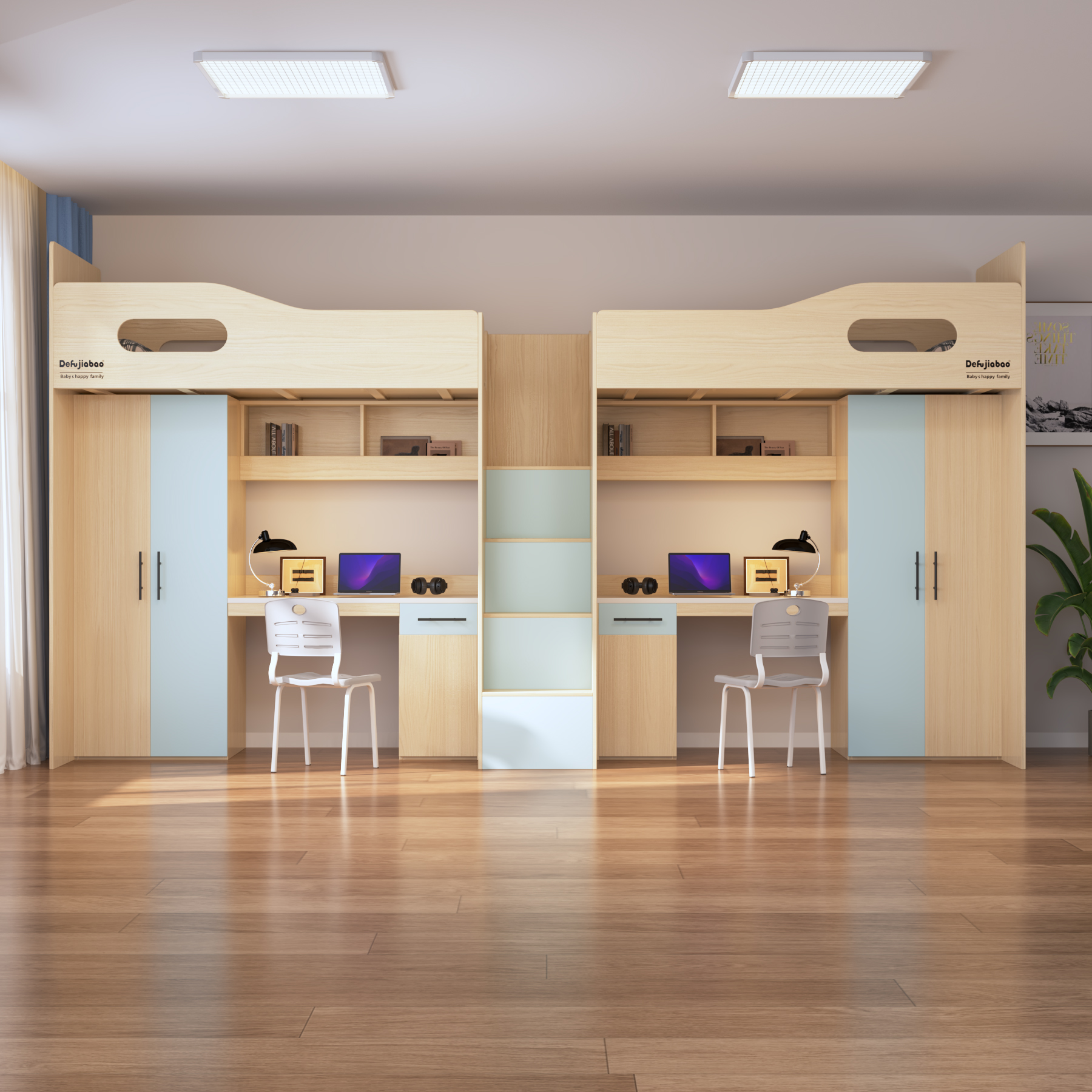 Twin Loft Bed with Desks & Wardrobes | 2-Person All-In-One Student Bed Unit