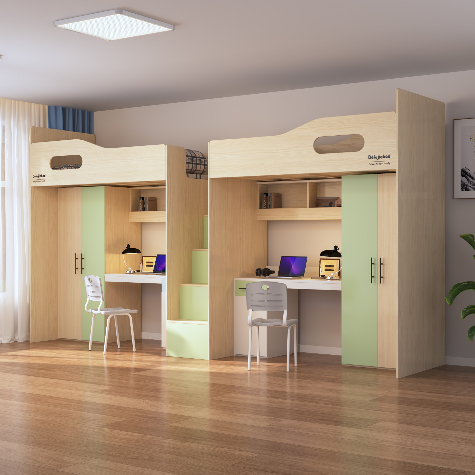 Twin Loft Bed with Desks & Wardrobes | 2-Person All-In-One Student Bed Unit