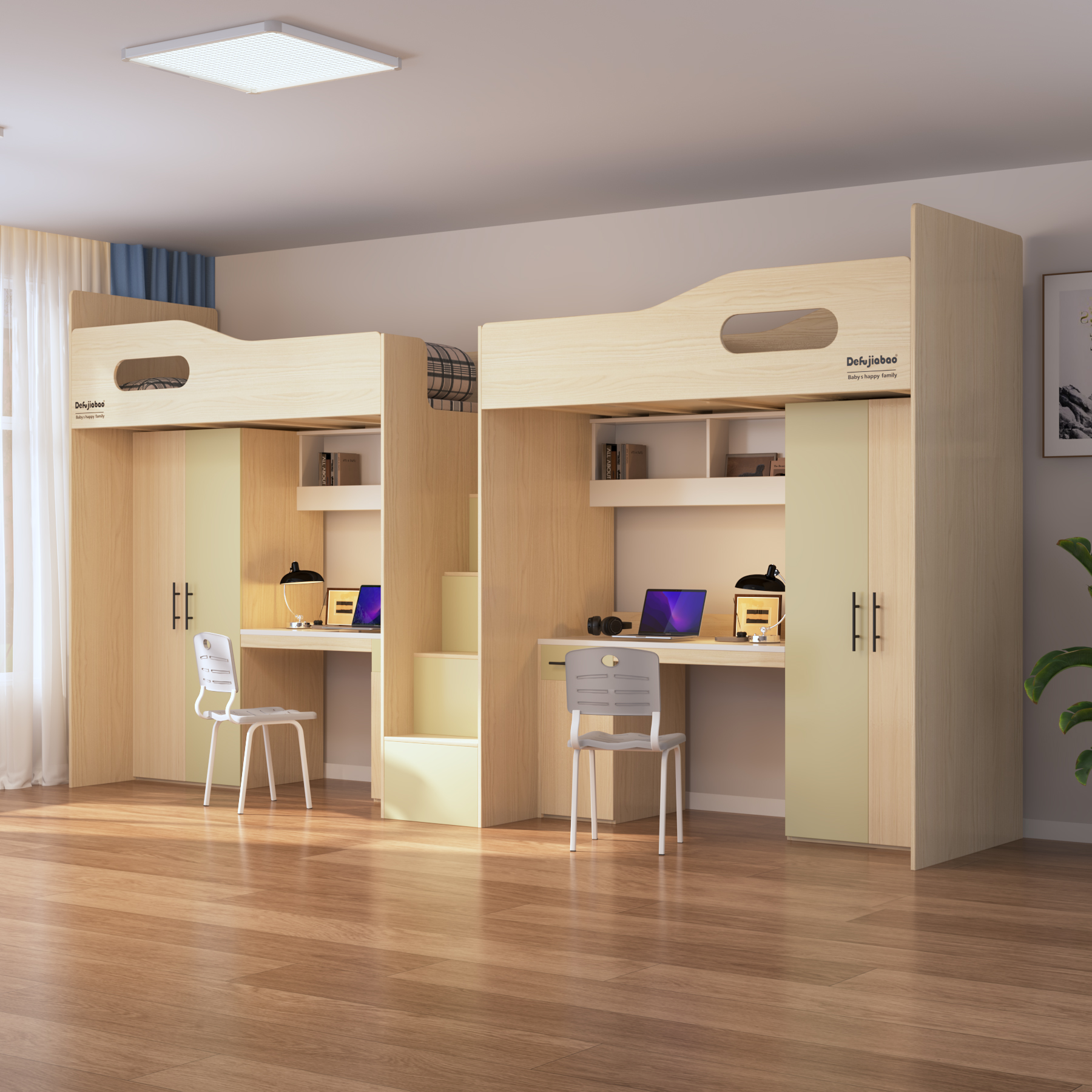 Twin Loft Bed with Desks & Wardrobes | 2-Person All-In-One Student Bed Unit