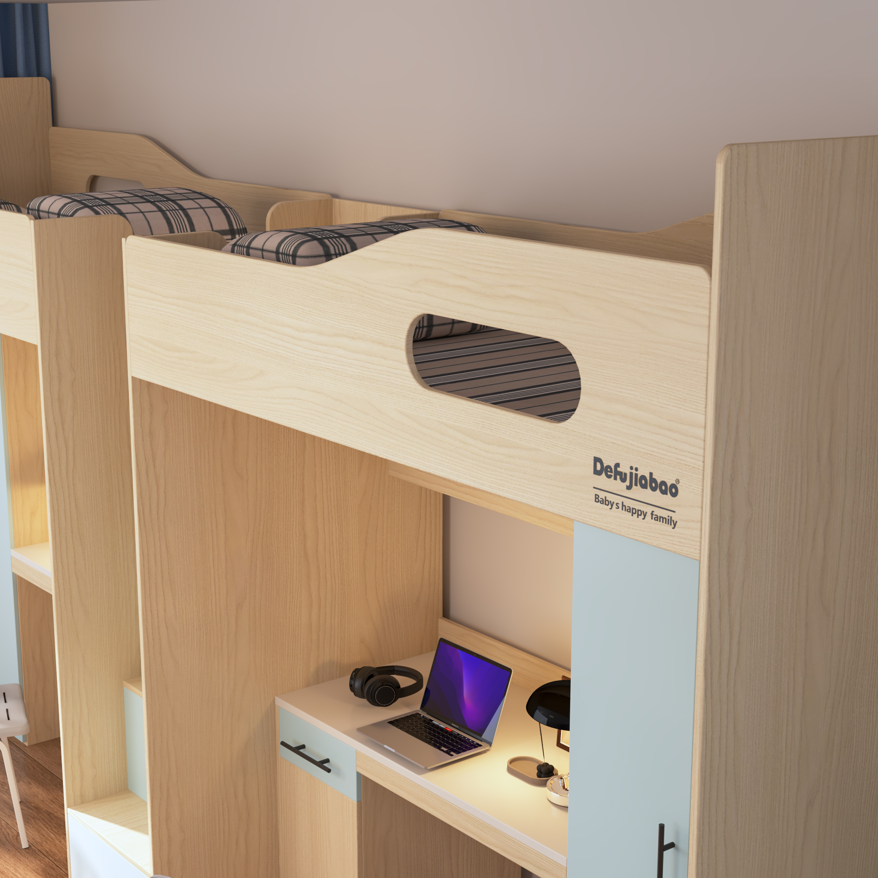 Twin Loft Bed with Desks & Wardrobes | 2-Person All-In-One Student Bed Unit