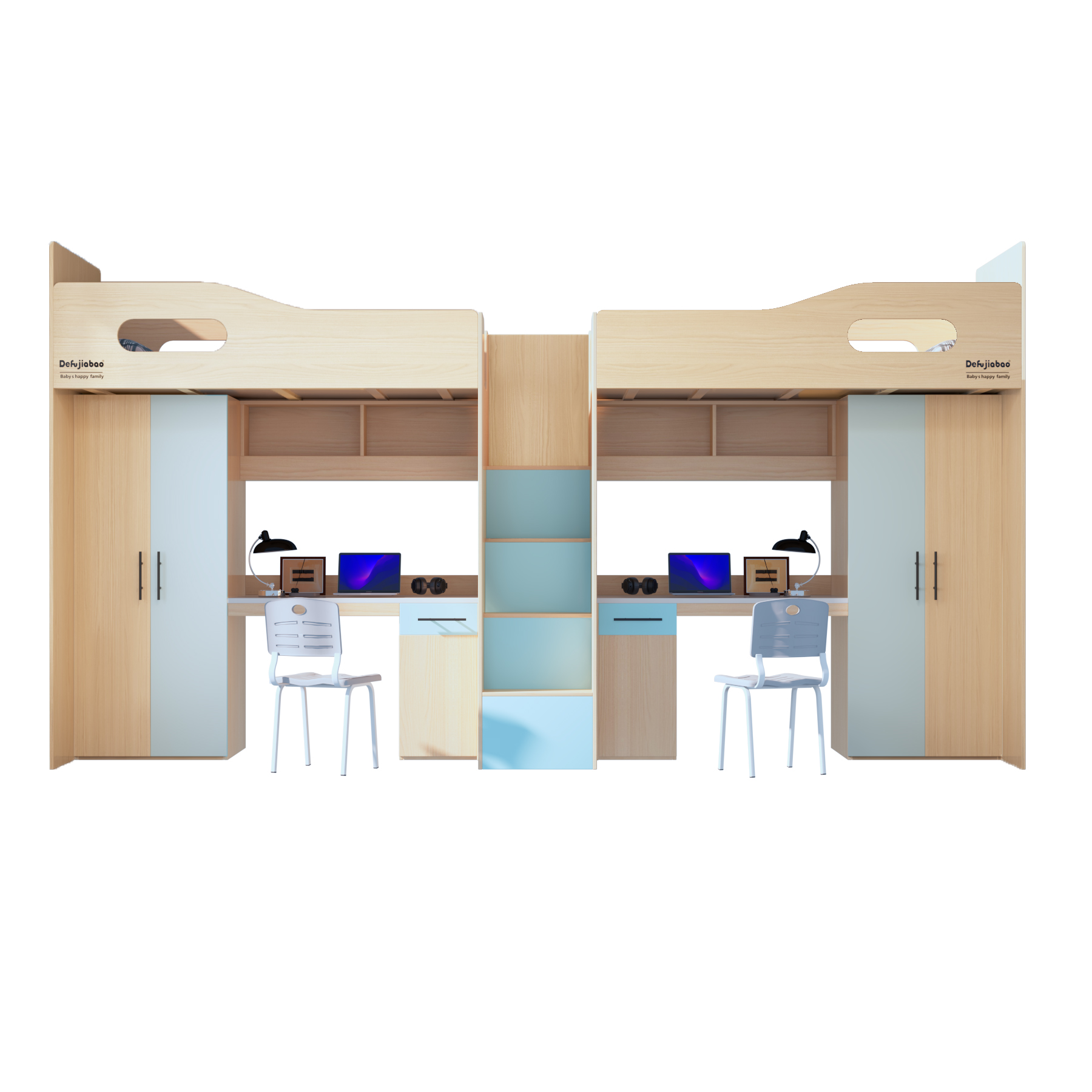 Twin Loft Bed with Desks & Wardrobes | 2-Person All-In-One Student Bed Unit