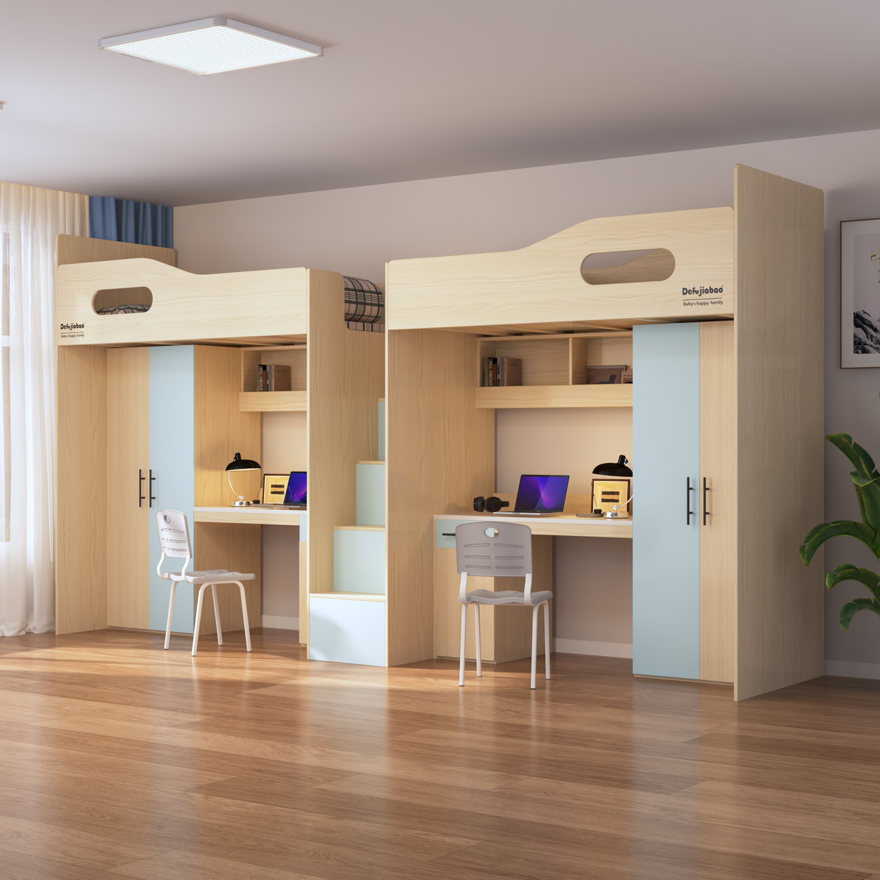 Twin Loft Bed with Desks & Wardrobes | 2-Person All-In-One Student Bed Unit