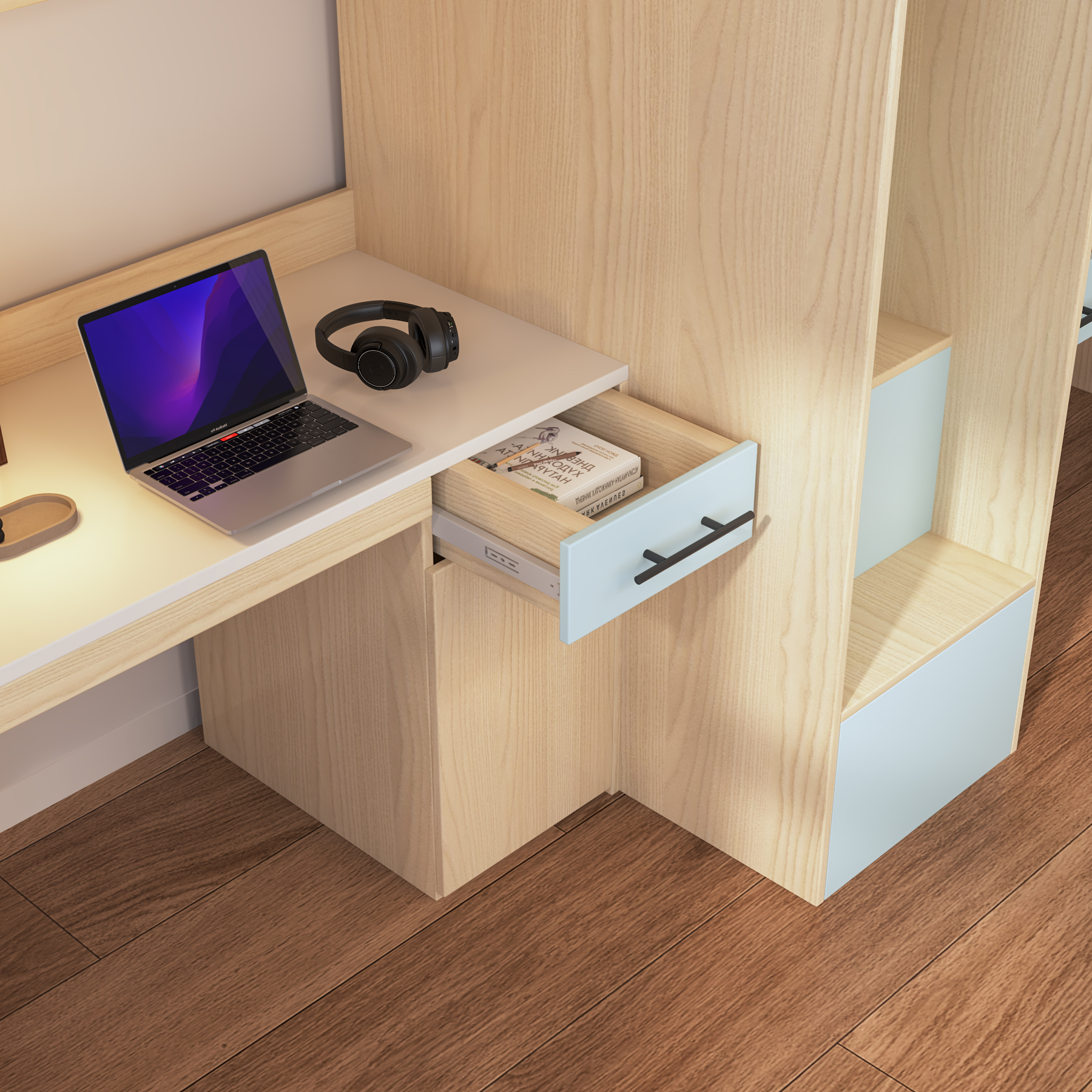 Twin Loft Bed with Desks & Wardrobes | 2-Person All-In-One Student Bed Unit