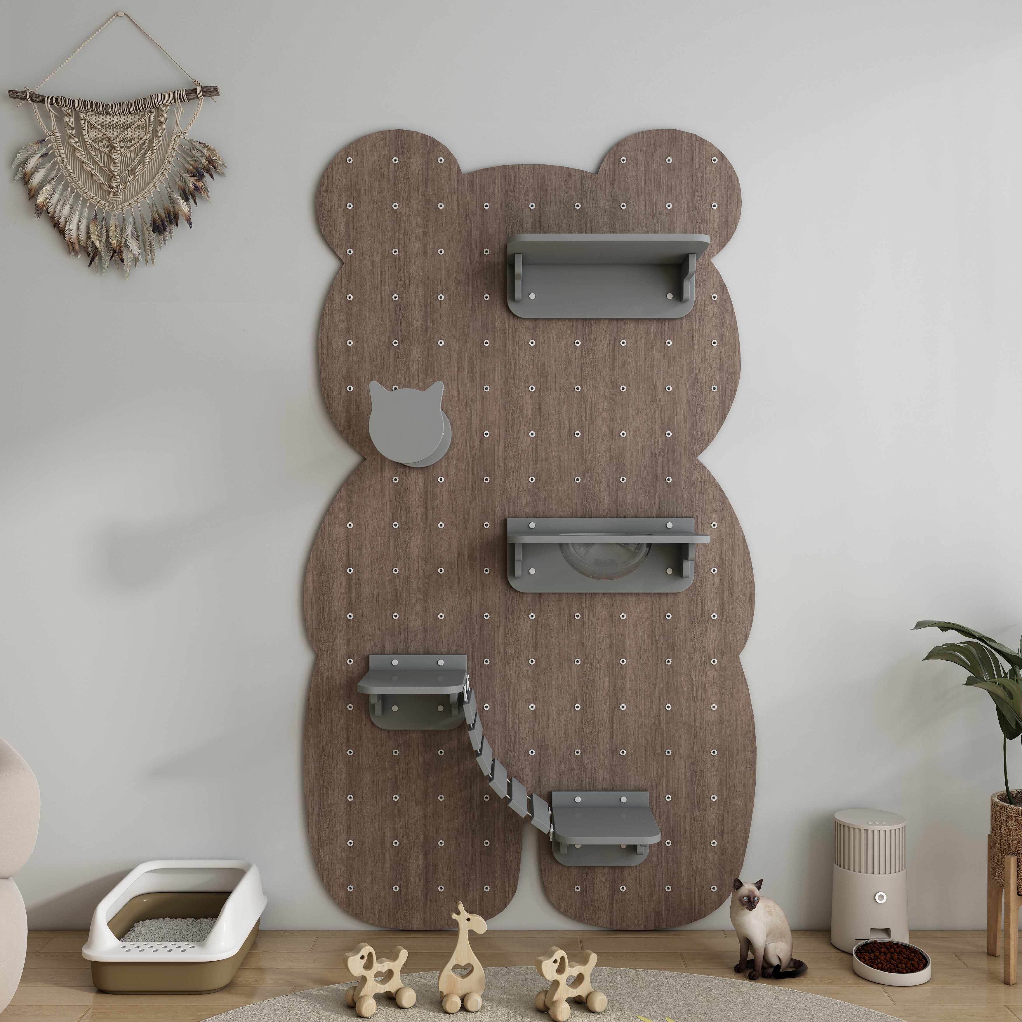 Bear-Shaped Modular Cat Wall Shelf | Customizable Cat Climbing Wall with Bridge