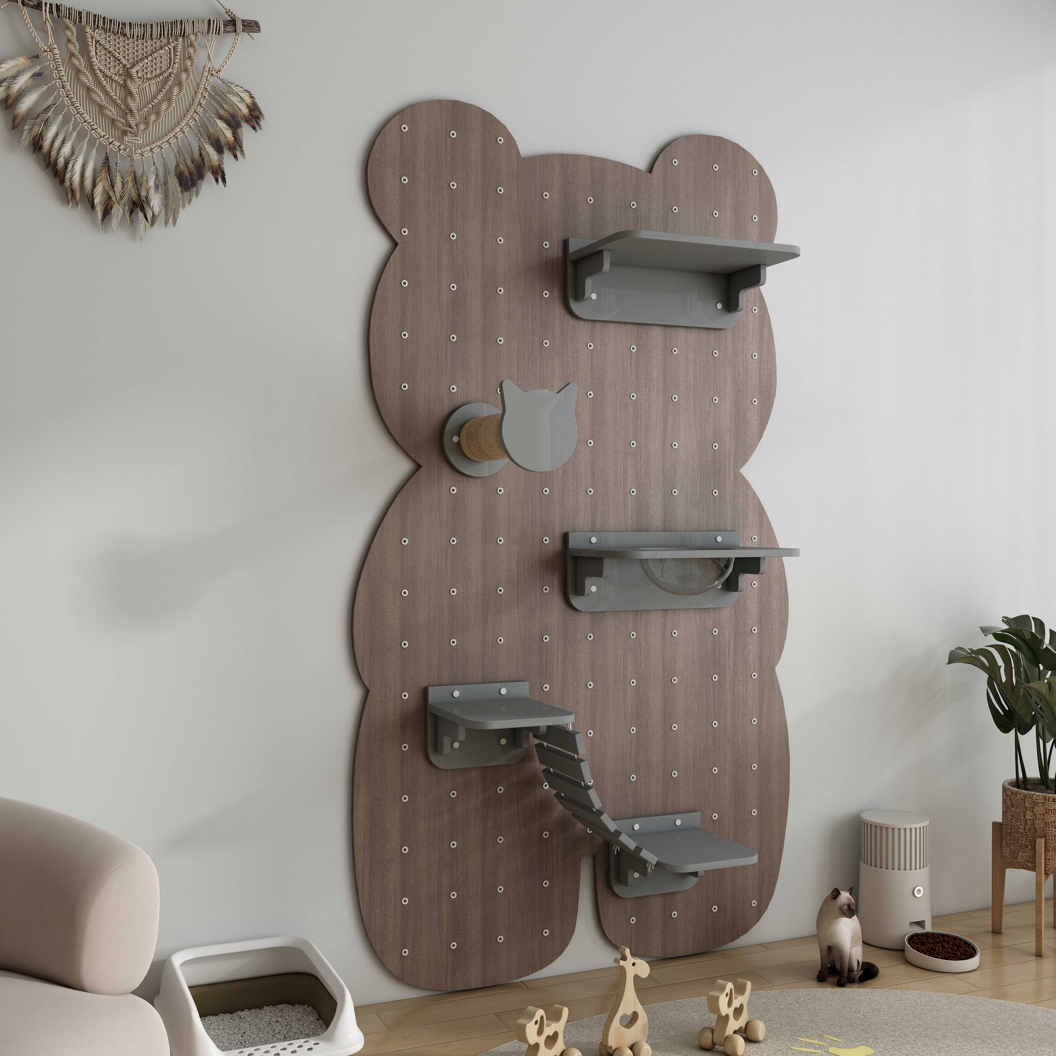 Bear-Shaped Modular Cat Wall Shelf | Customizable Cat Climbing Wall with Bridge