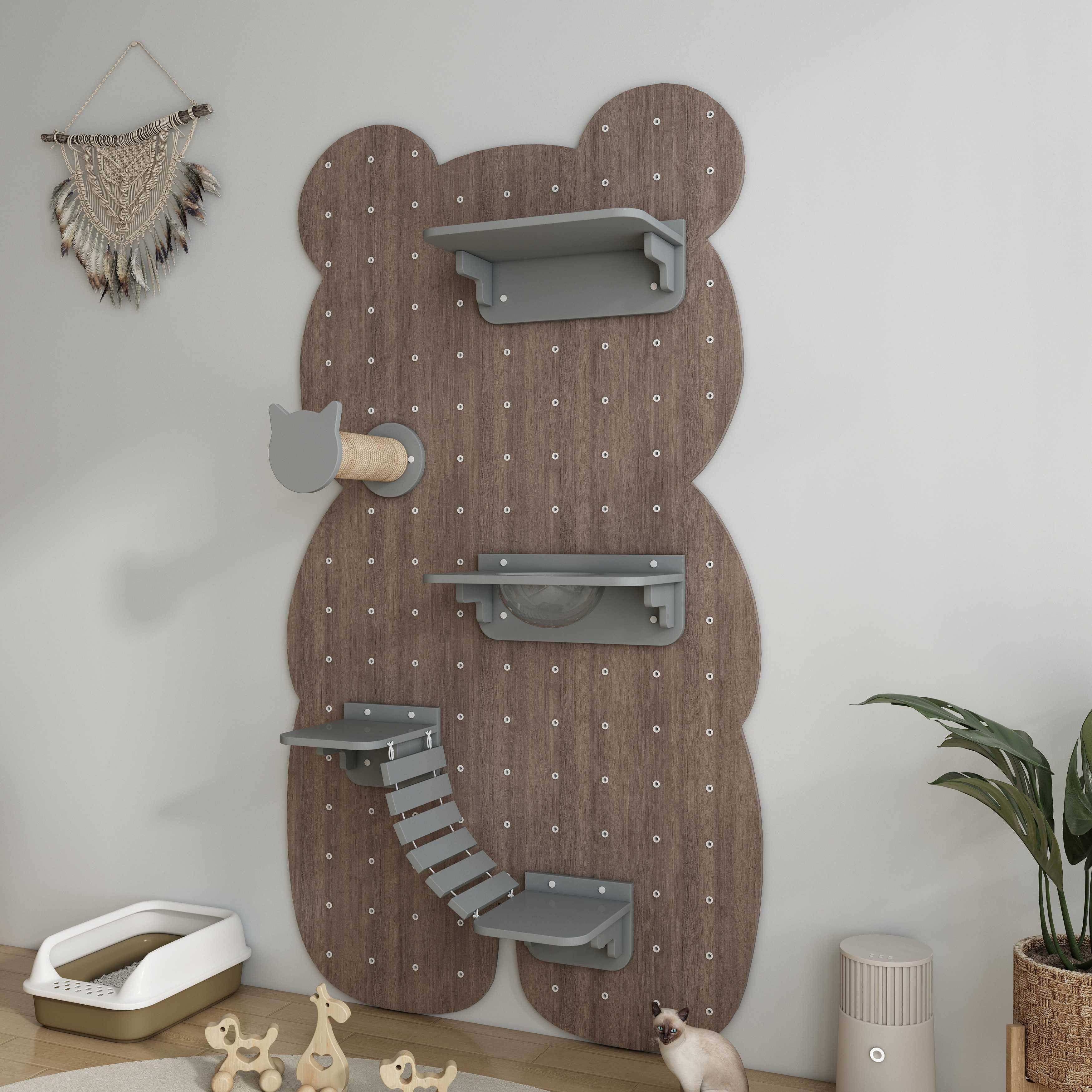 Bear-Shaped Modular Cat Wall Shelf | Customizable Cat Climbing Wall with Bridge
