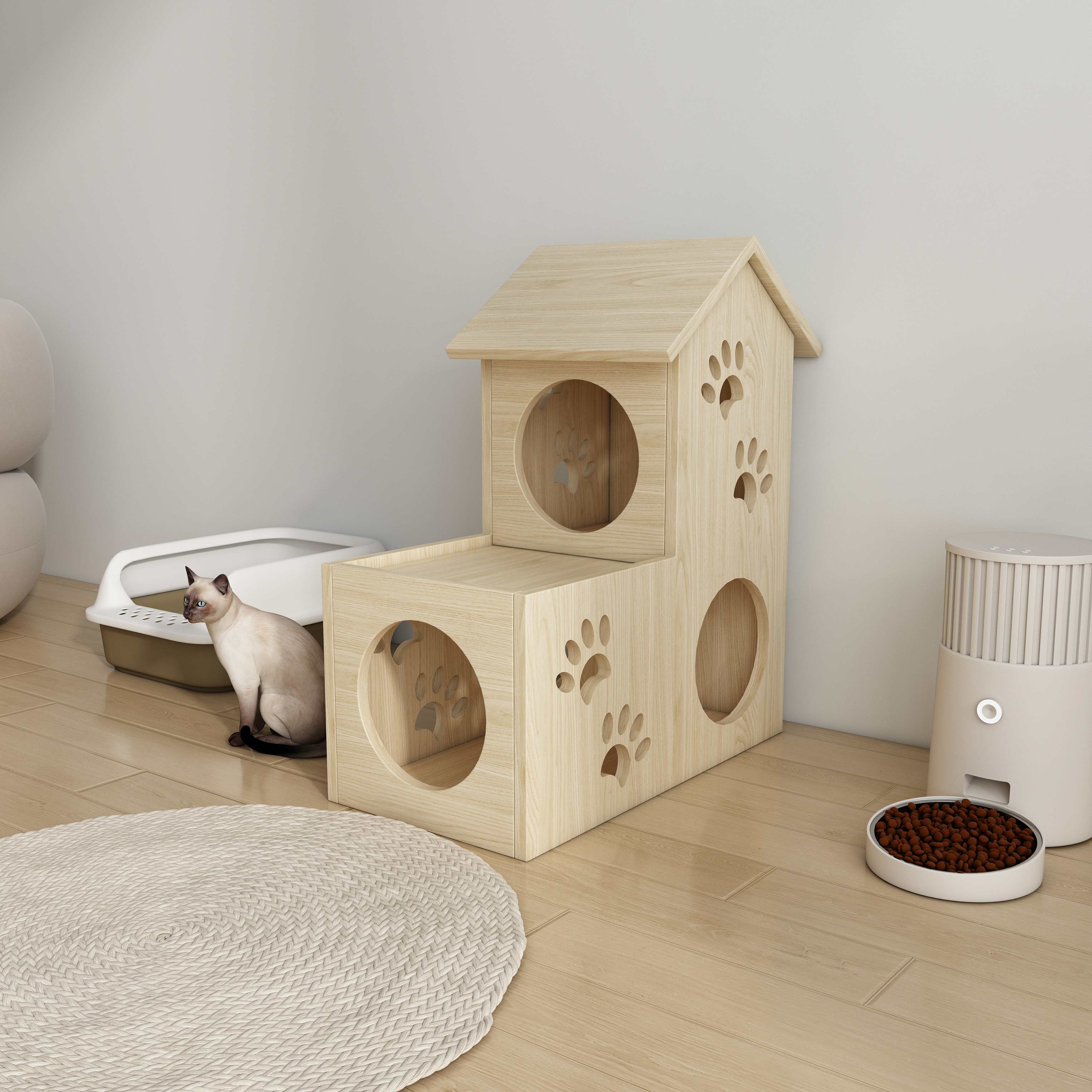 2-Story Wooden Cat House | Paw Print Cutout Cat Condo with Multiple Nooks
