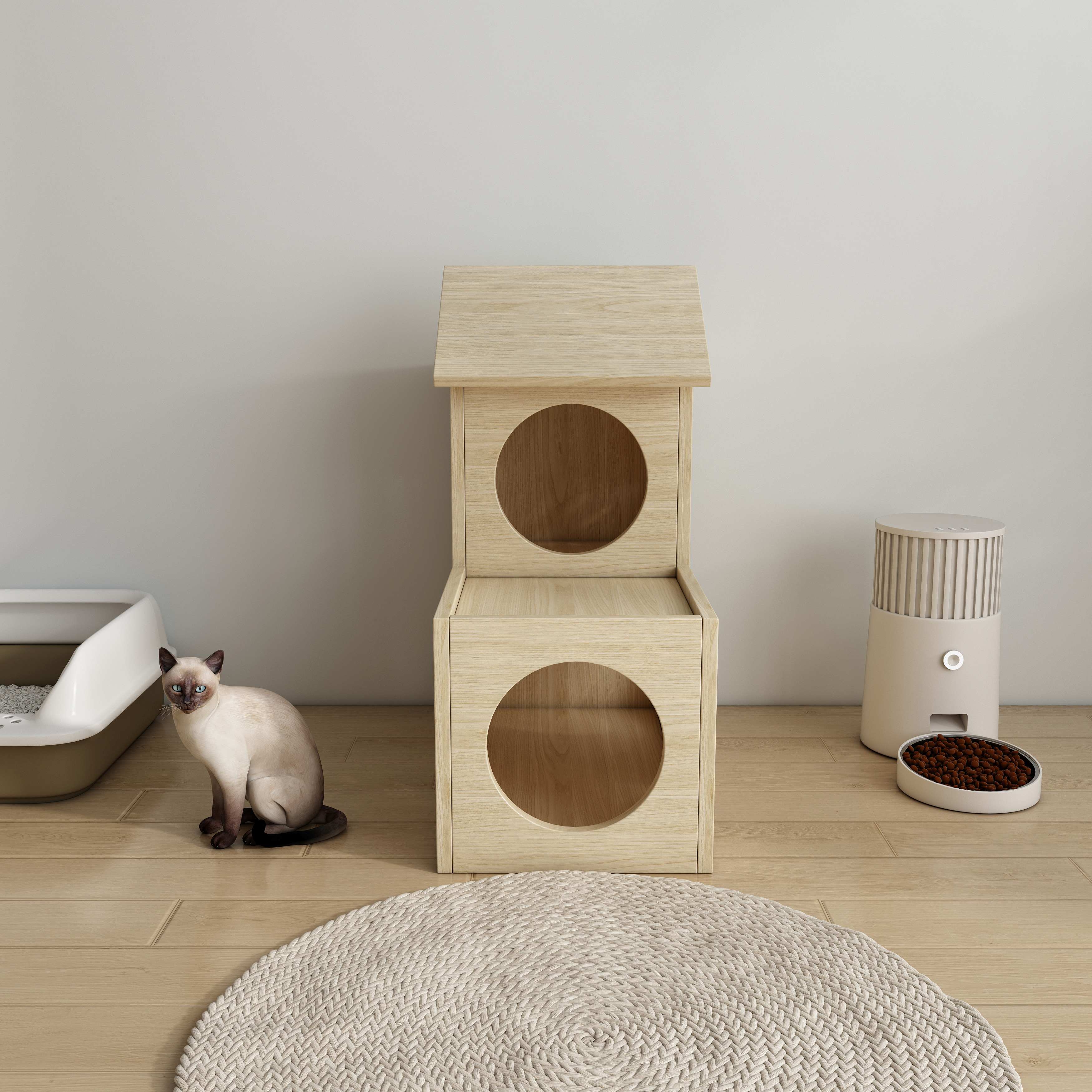 2-Story Wooden Cat House | Paw Print Cutout Cat Condo with Multiple Nooks