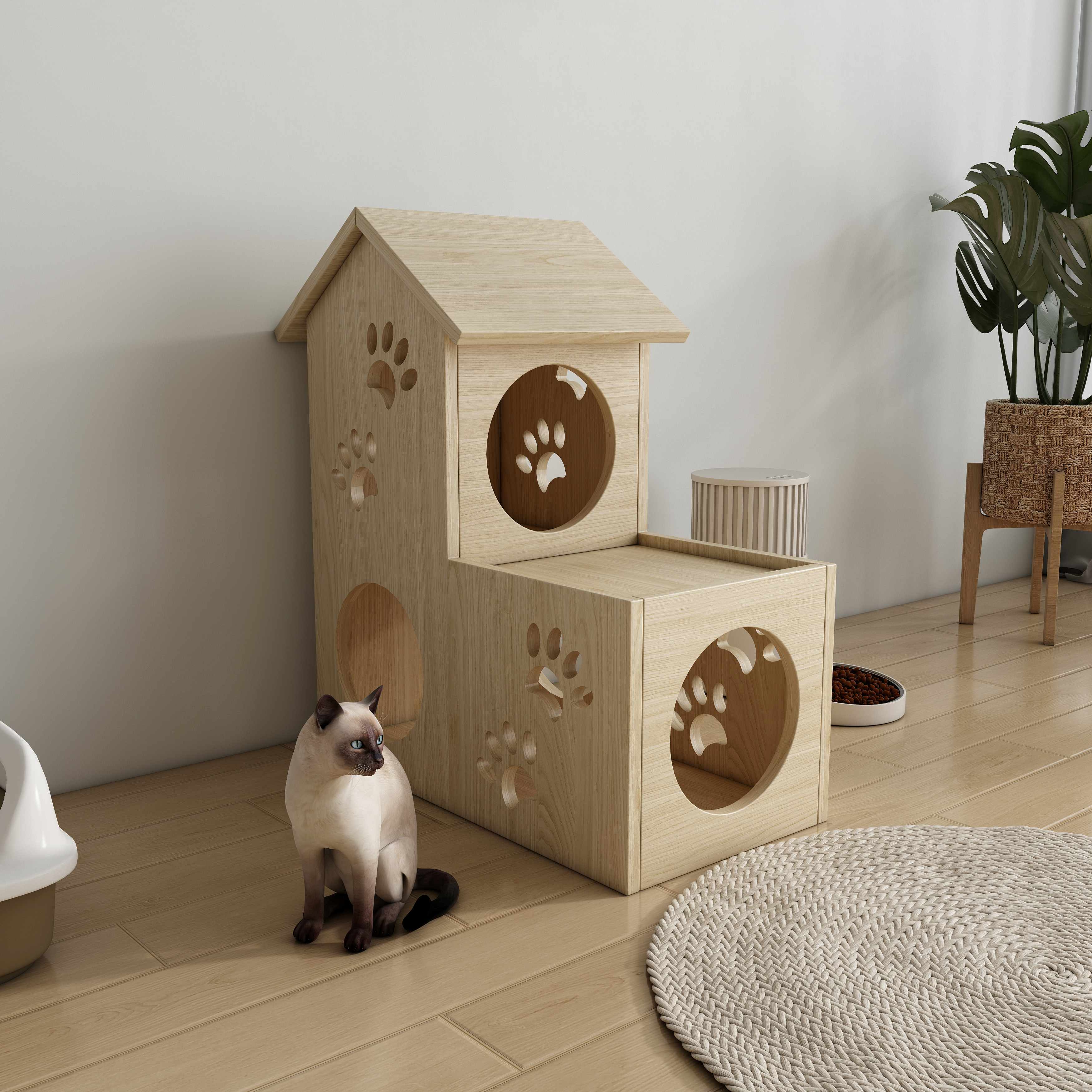 2-Story Wooden Cat House | Paw Print Cutout Cat Condo with Multiple Nooks