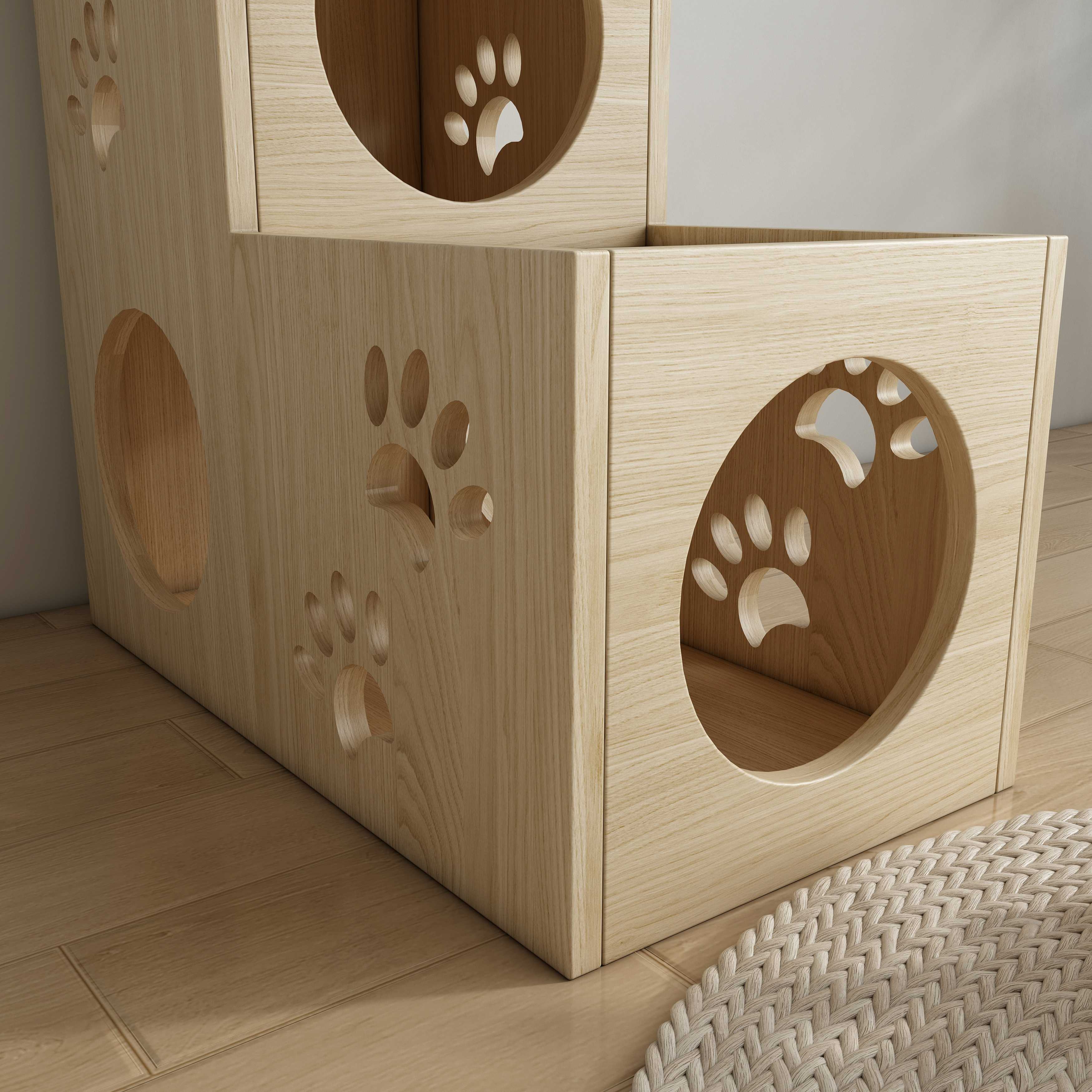 2-Story Wooden Cat House | Paw Print Cutout Cat Condo with Multiple Nooks