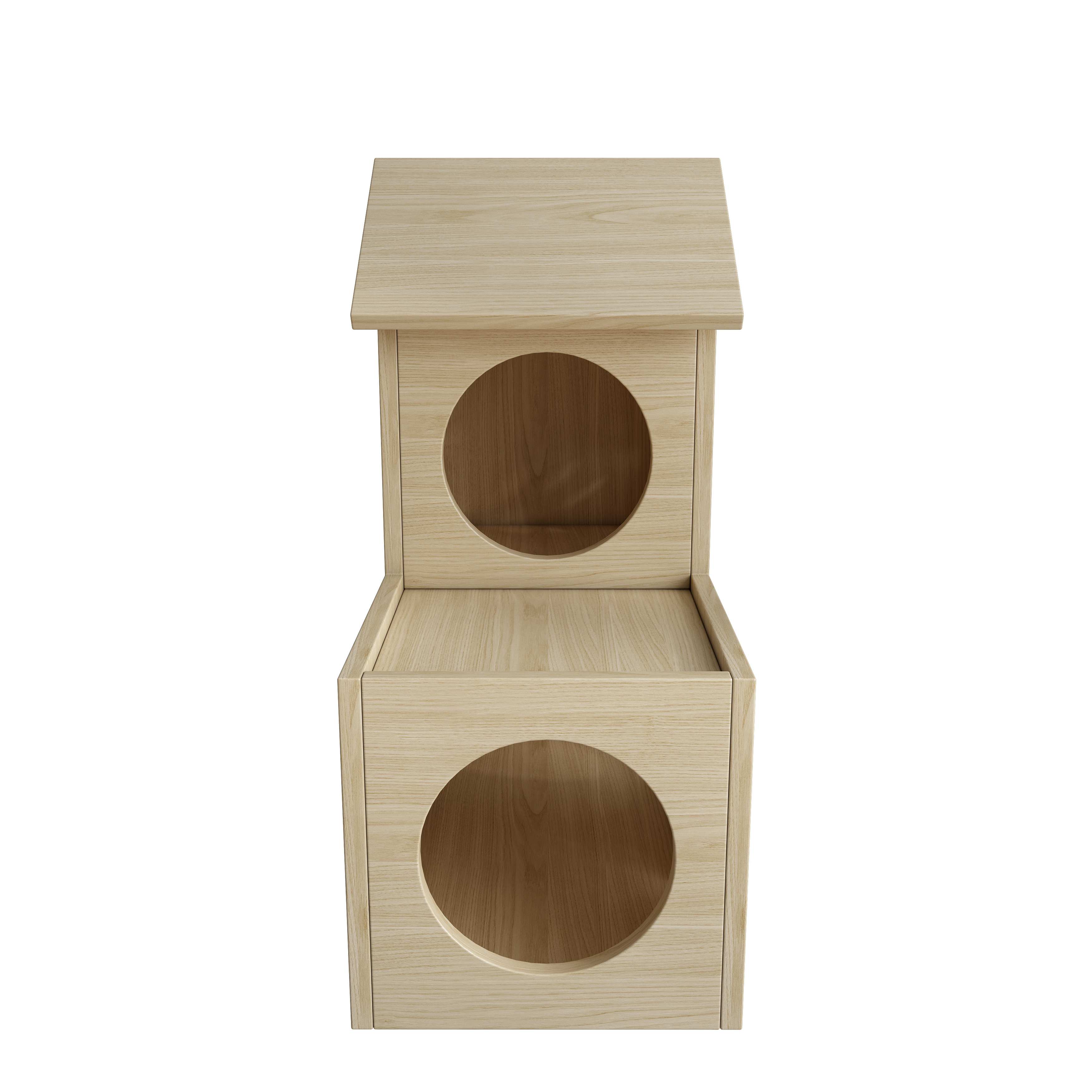 2-Story Wooden Cat House | Paw Print Cutout Cat Condo with Multiple Nooks