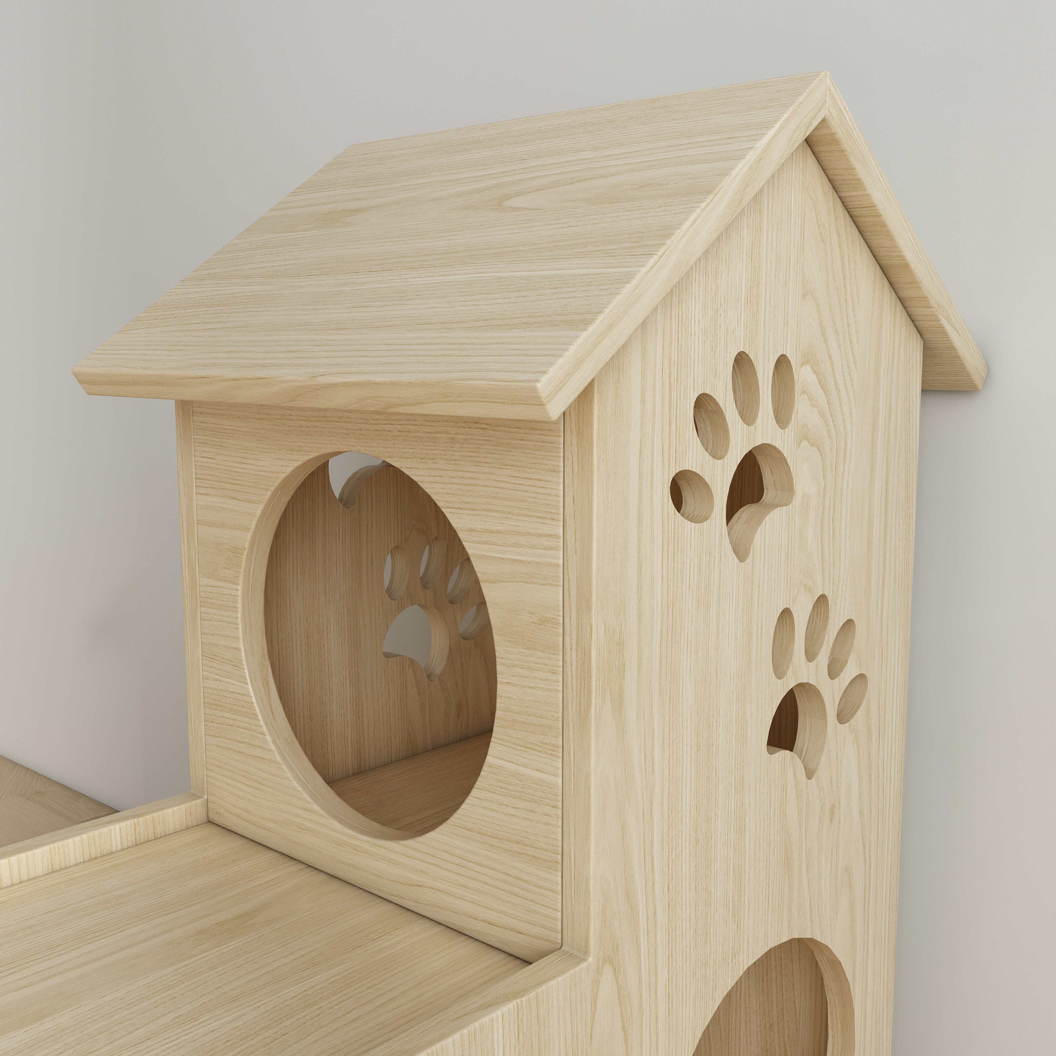 2-Story Wooden Cat House | Paw Print Cutout Cat Condo with Multiple Nooks