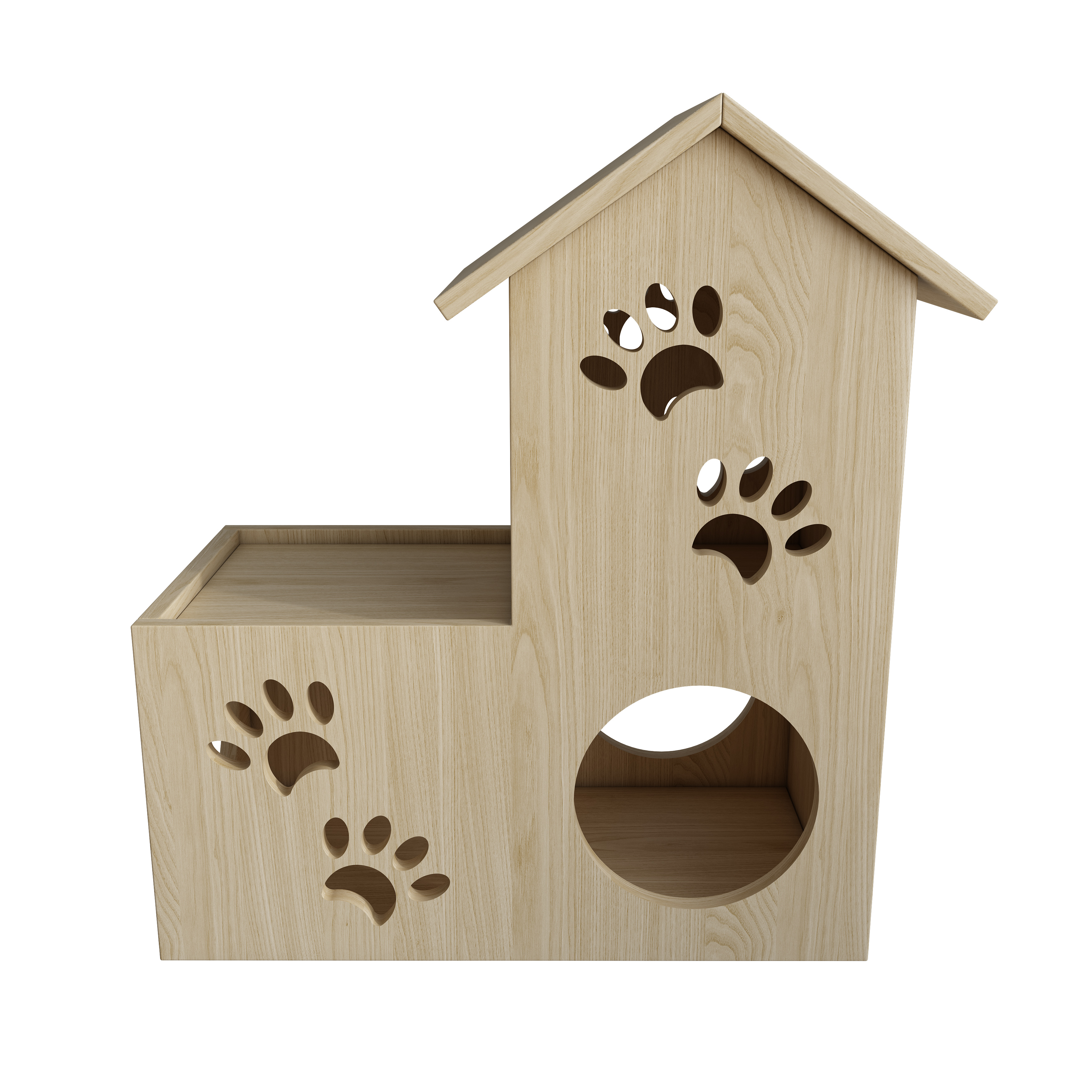 2-Story Wooden Cat House | Paw Print Cutout Cat Condo with Multiple Nooks