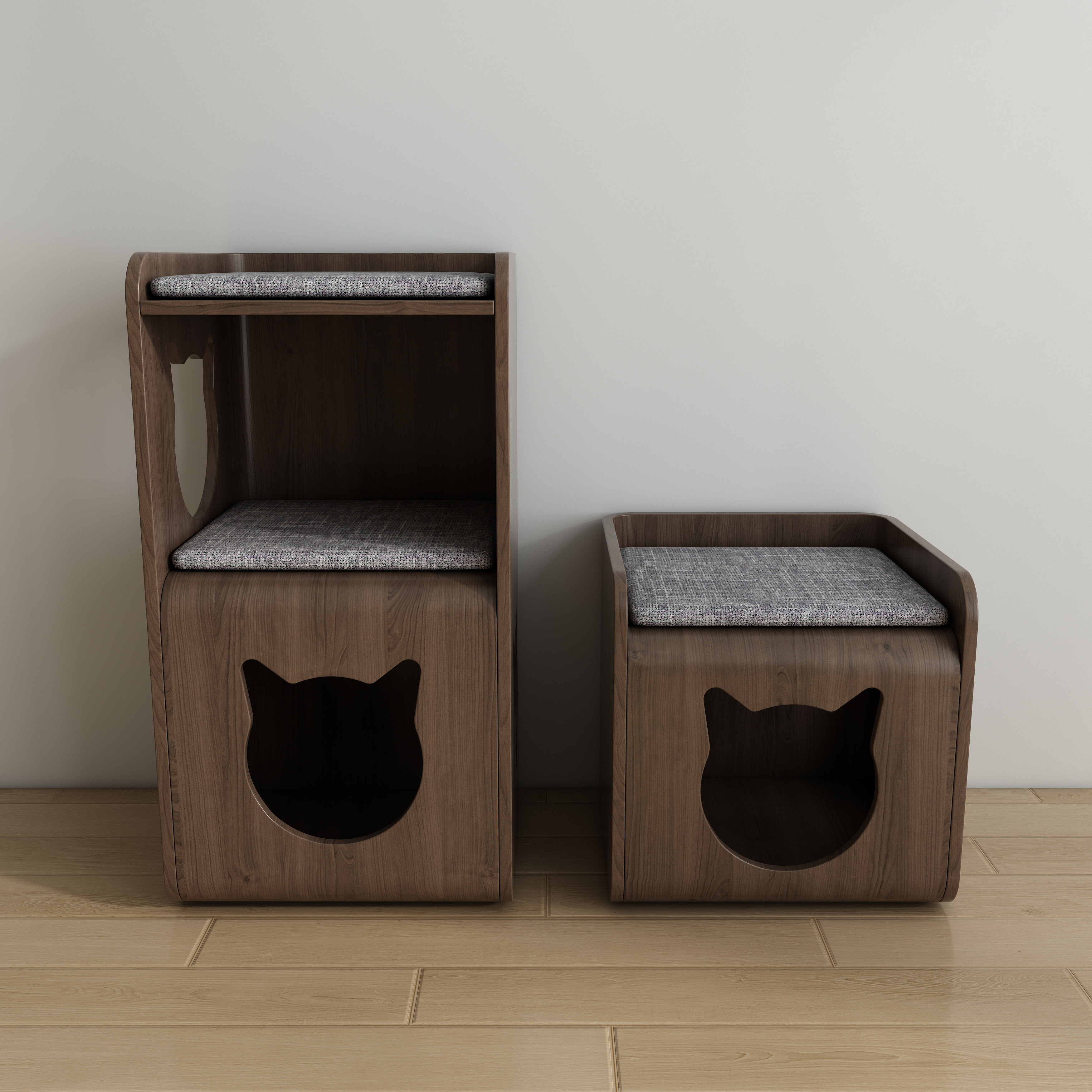 2-in-1 Cat House Stool | Wooden Cat Nook Bench with Cat Head Cutout & Cushion