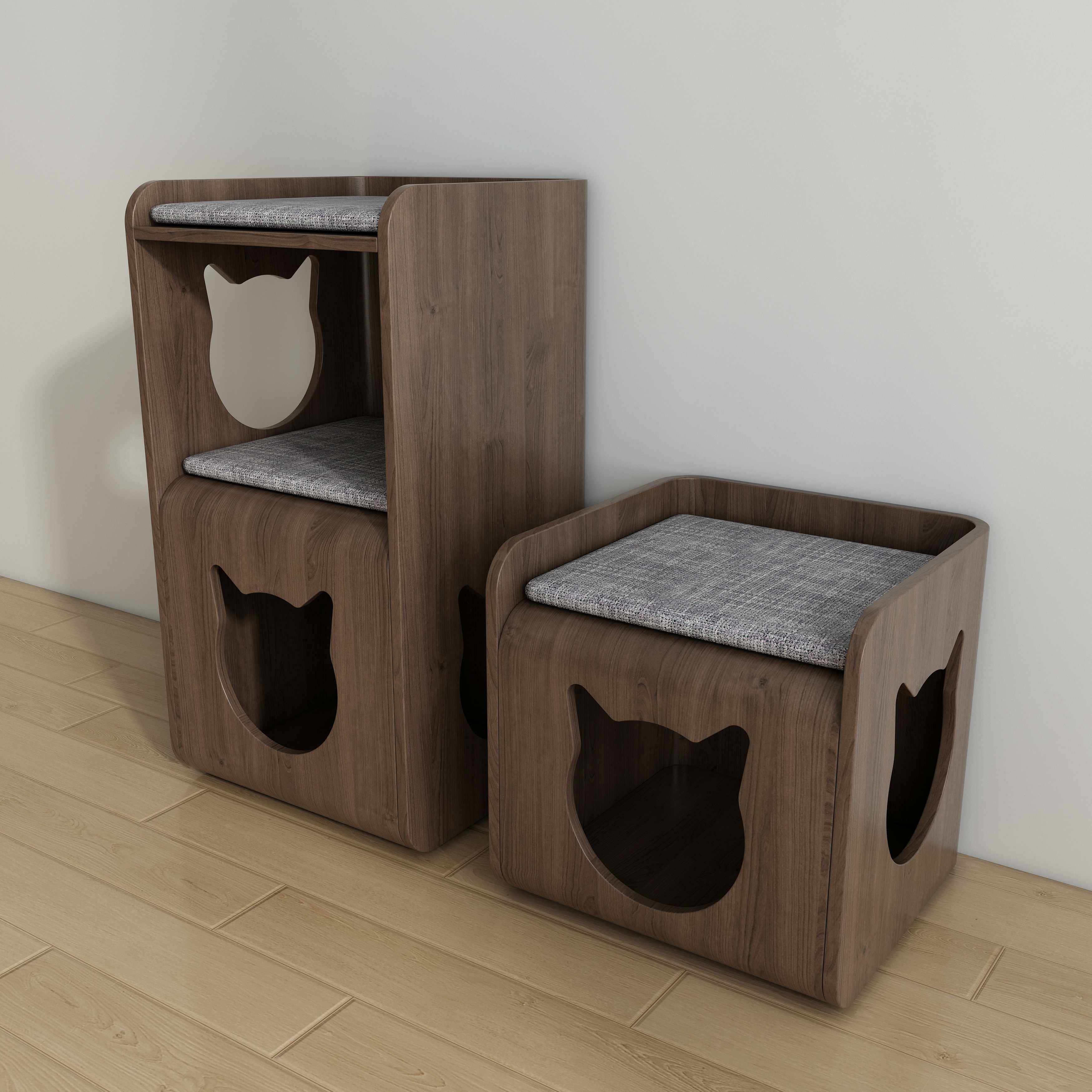 2-in-1 Cat House Stool | Wooden Cat Nook Bench with Cat Head Cutout & Cushion
