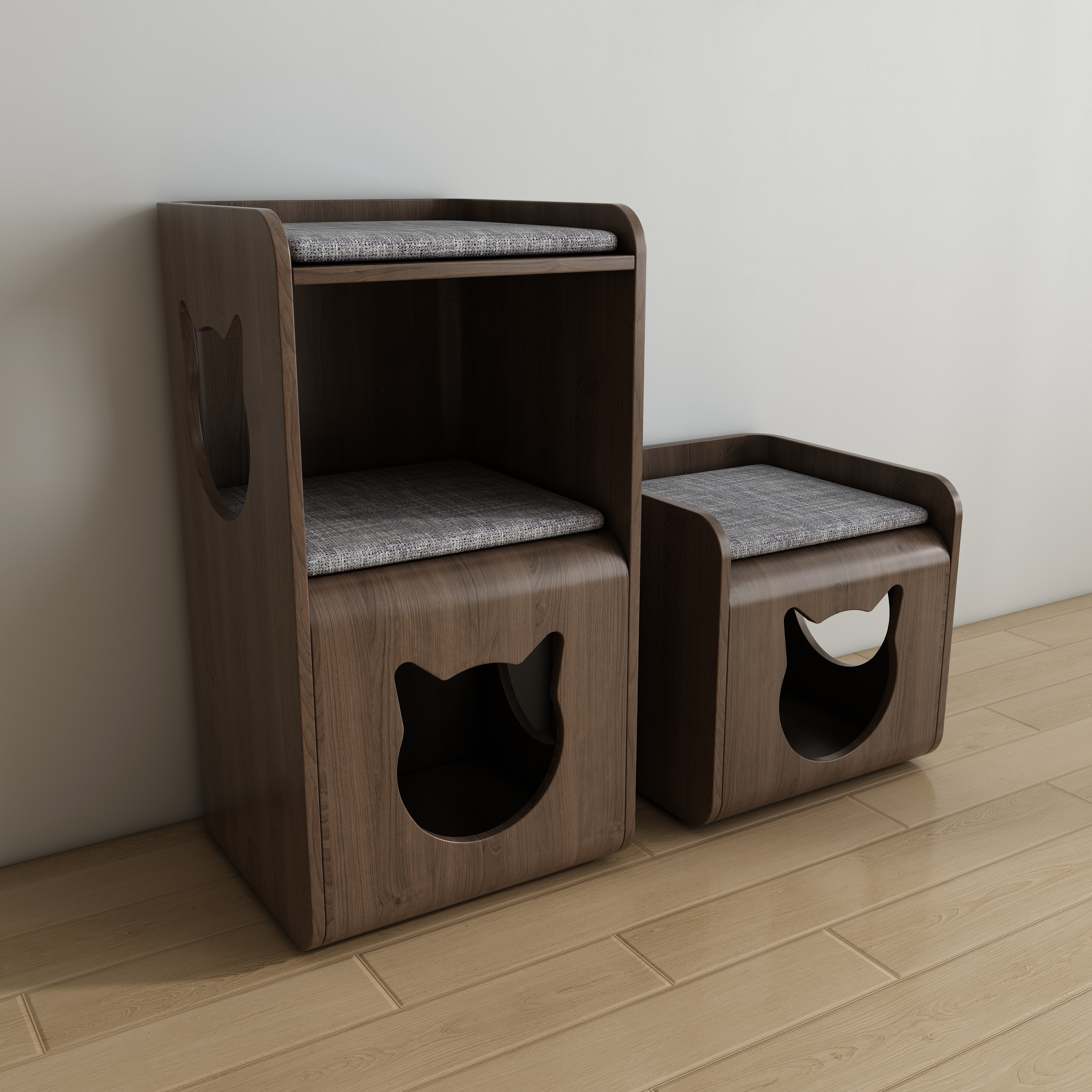 2-in-1 Cat House Stool | Wooden Cat Nook Bench with Cat Head Cutout & Cushion