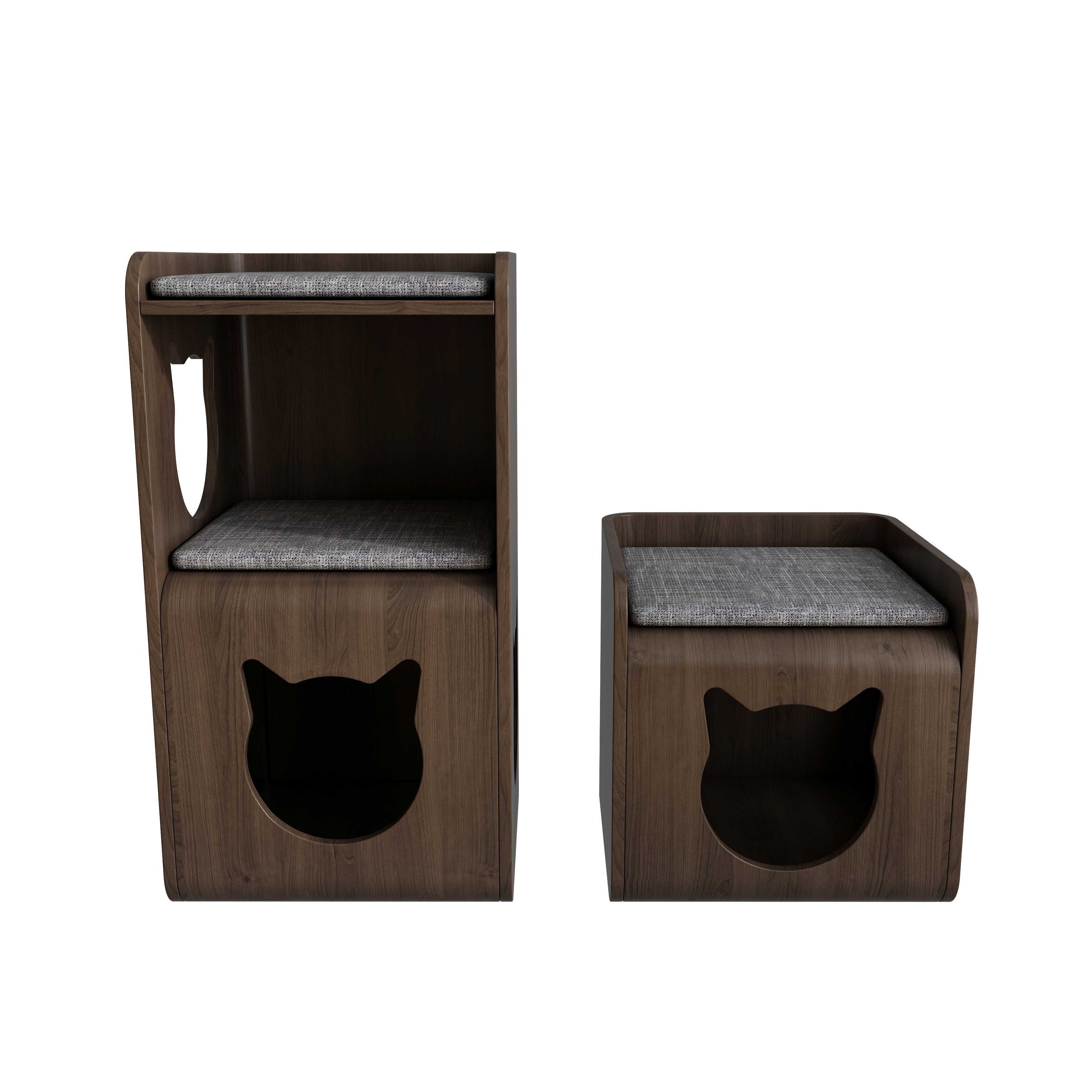 2-in-1 Cat House Stool | Wooden Cat Nook Bench with Cat Head Cutout & Cushion