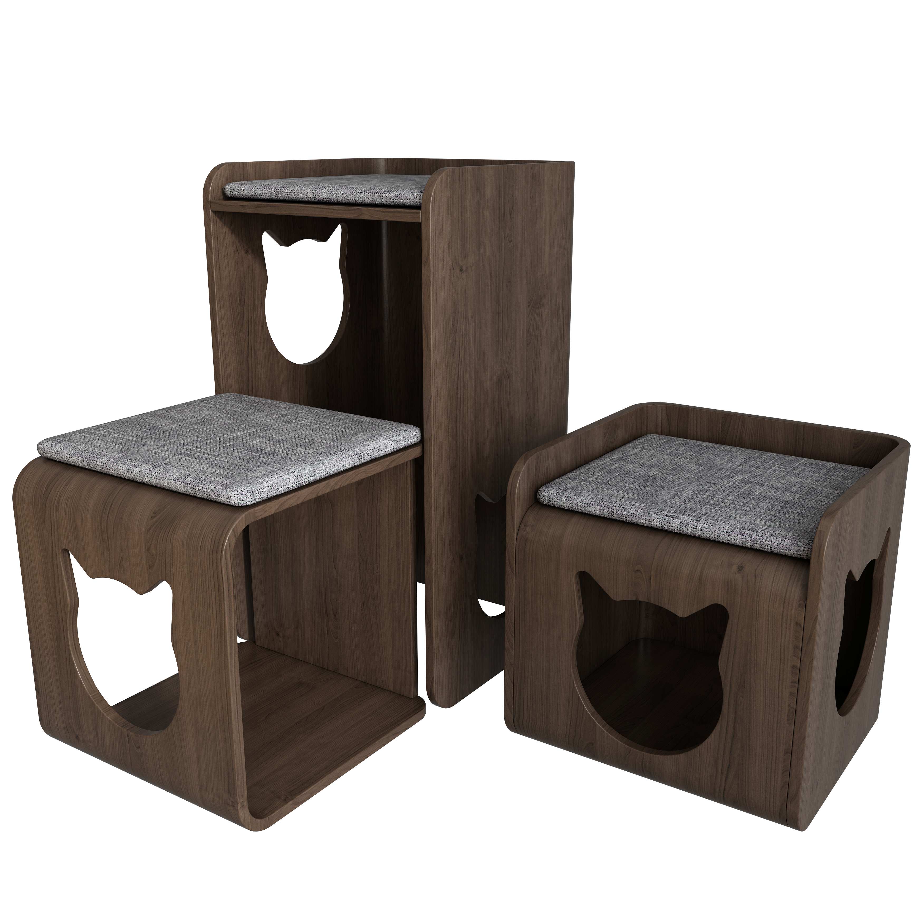 2-in-1 Cat House Stool | Wooden Cat Nook Bench with Cat Head Cutout & Cushion