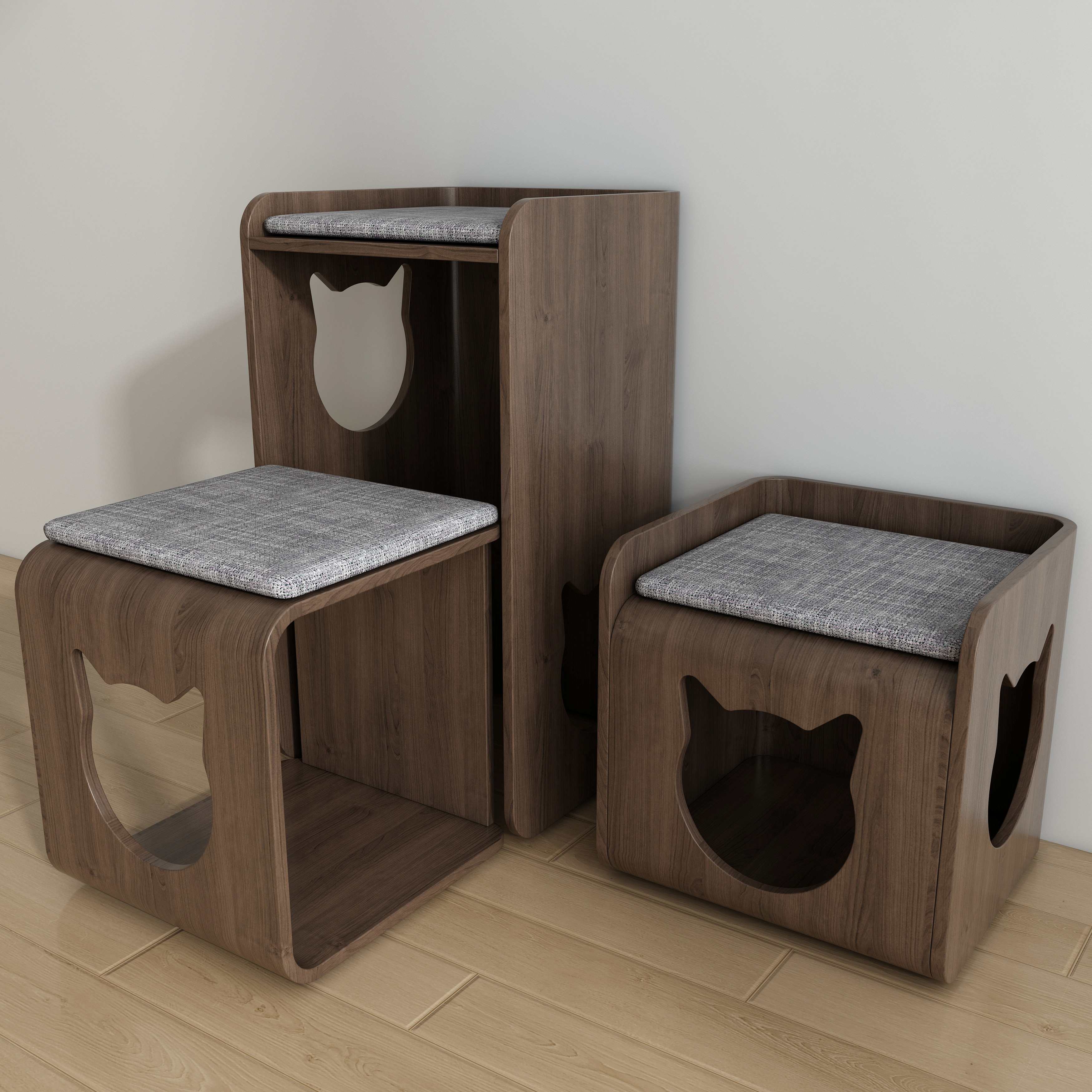 2-in-1 Cat House Stool | Wooden Cat Nook Bench with Cat Head Cutout & Cushion