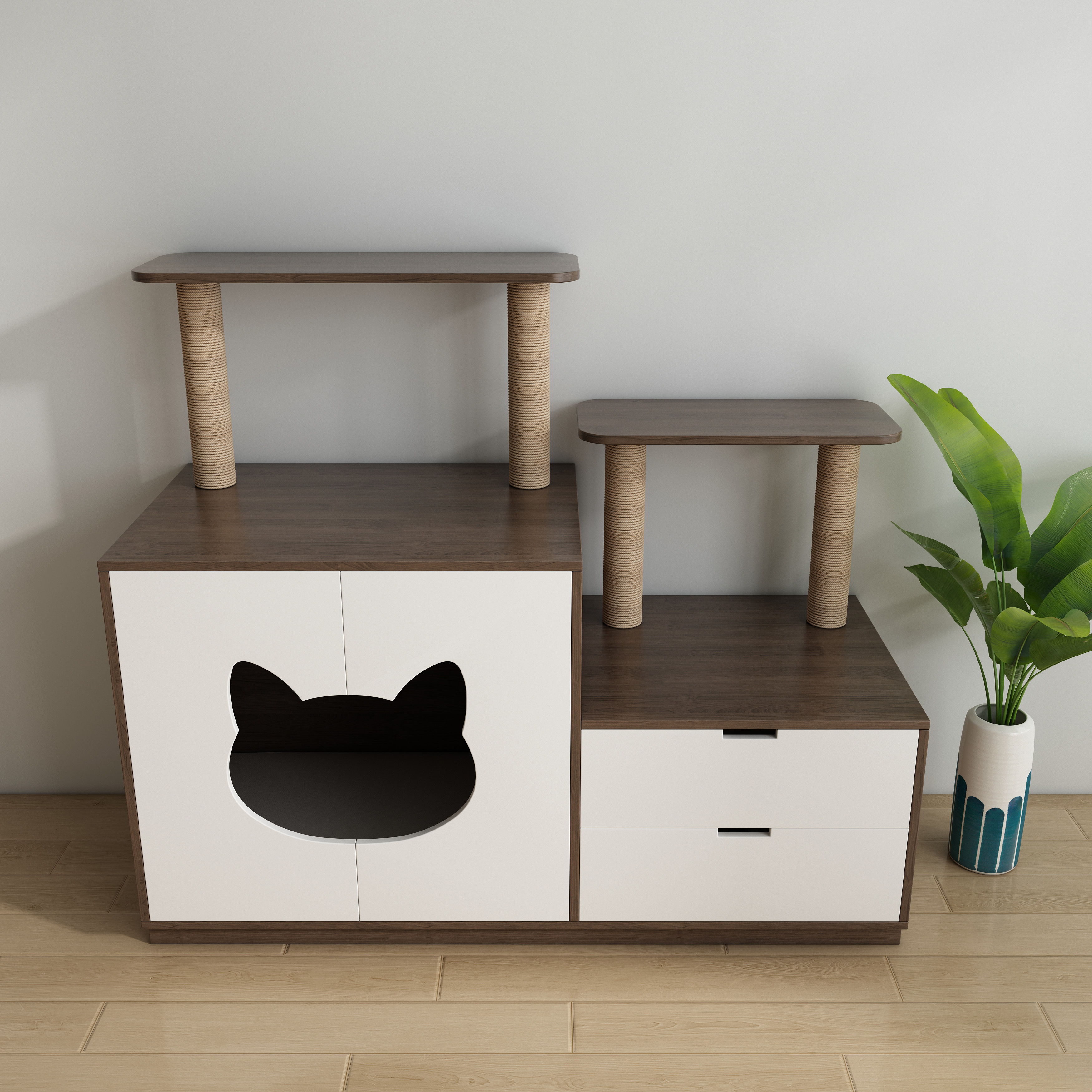 Wooden Cat House with Scratching Posts & Storage Drawers - 2-Tier Cat Furniture