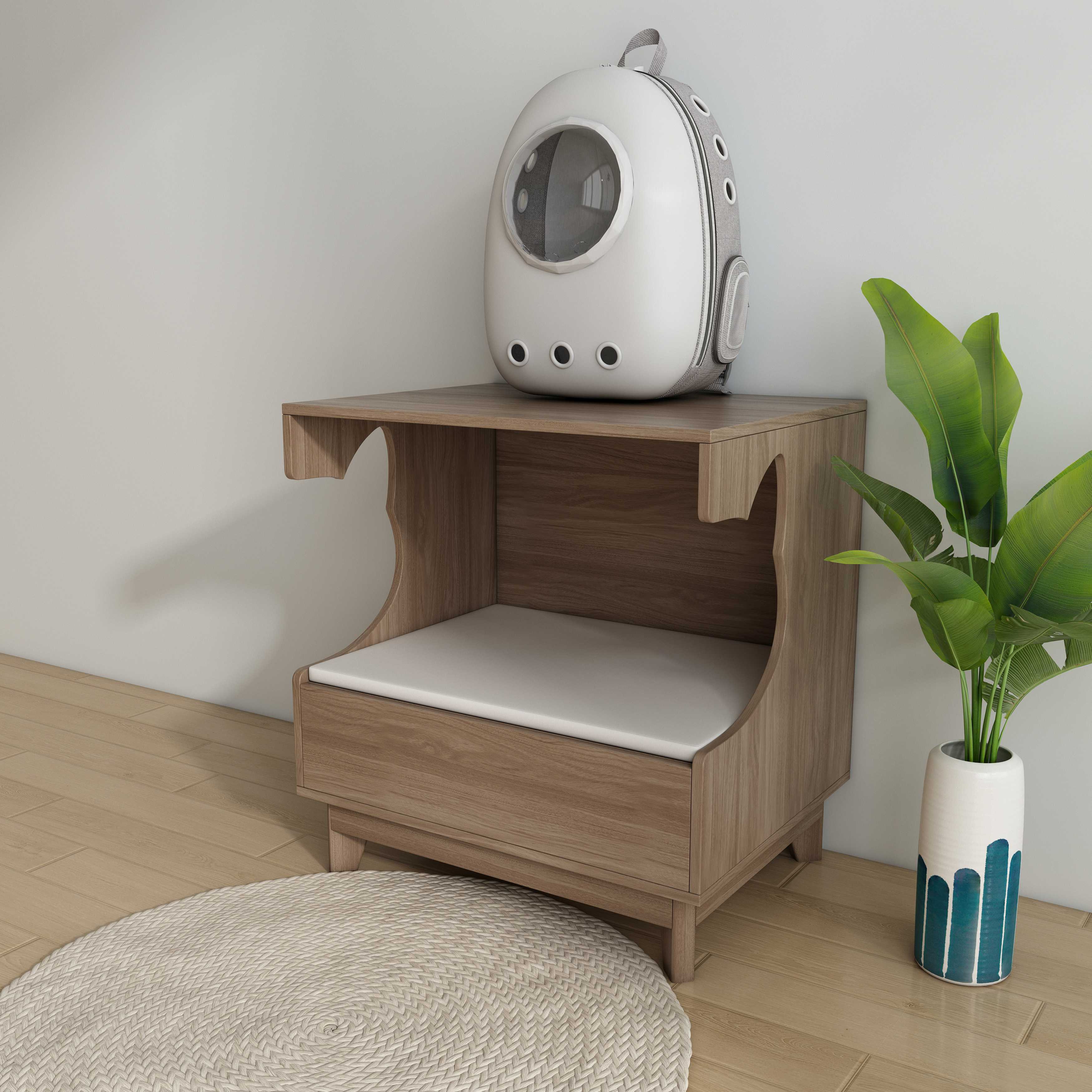 Wooden Cat Bed with Drawer & Cushion - Multi-Use Cat Nightstand