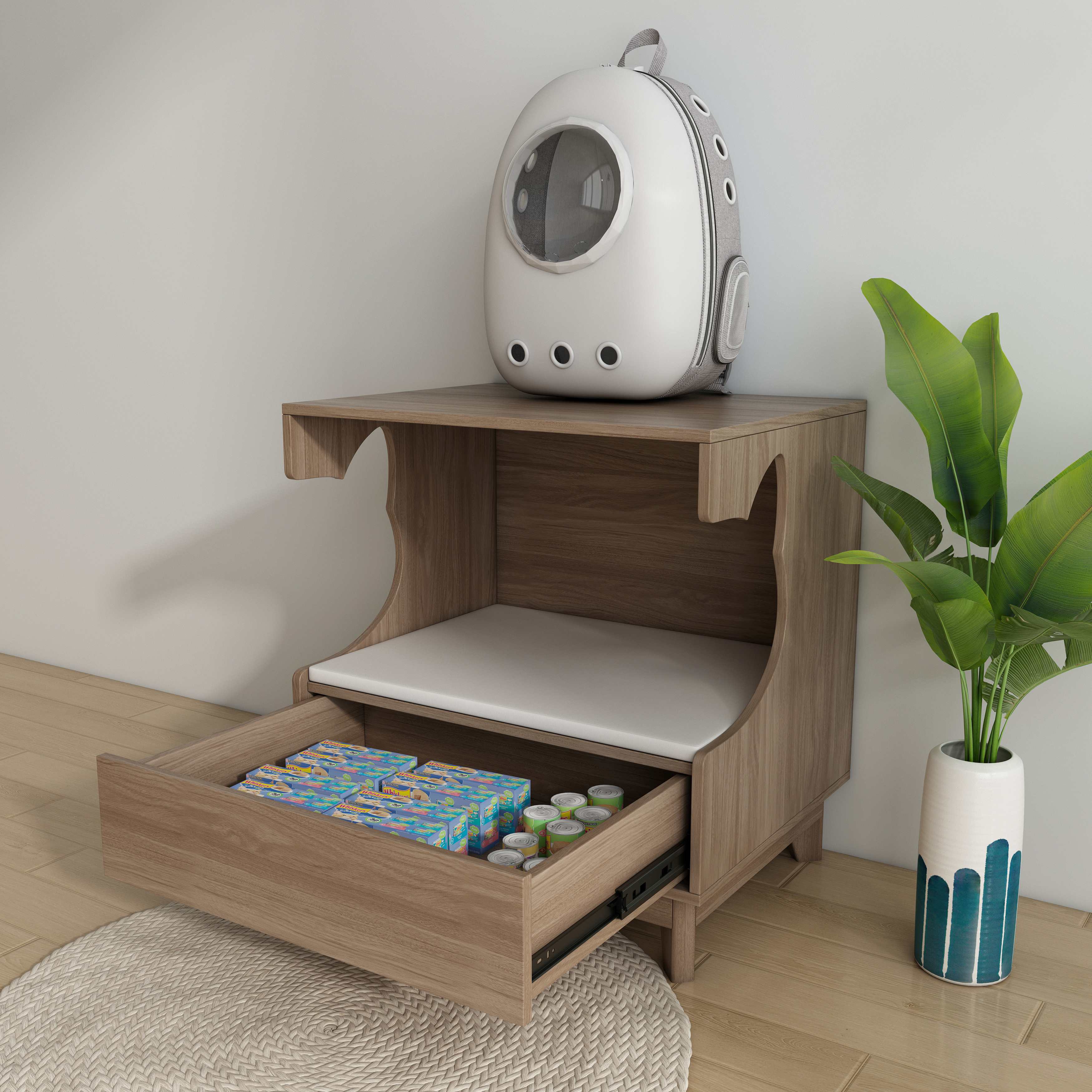 Wooden Cat Bed with Drawer & Cushion - Multi-Use Cat Nightstand