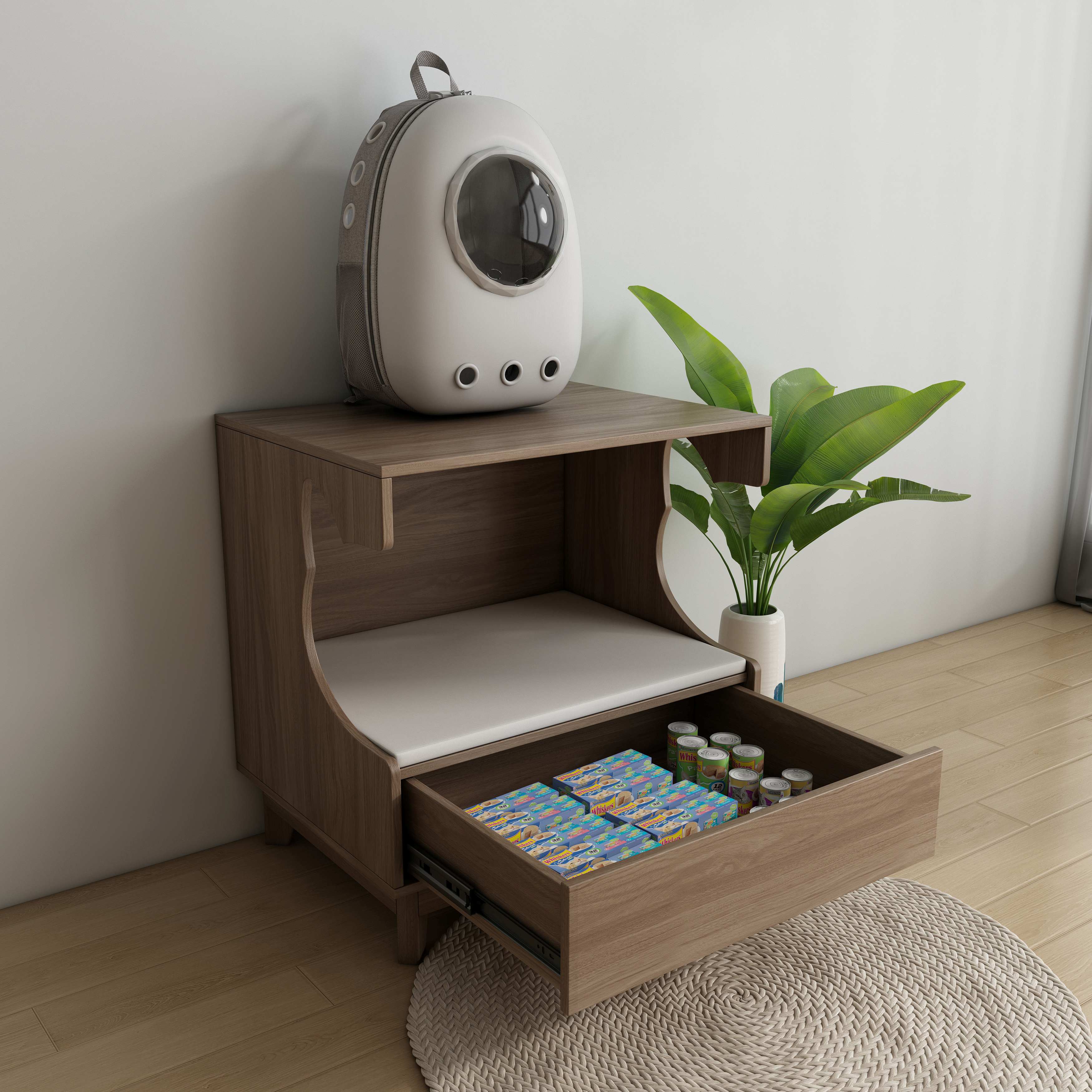 Wooden Cat Bed with Drawer & Cushion - Multi-Use Cat Nightstand