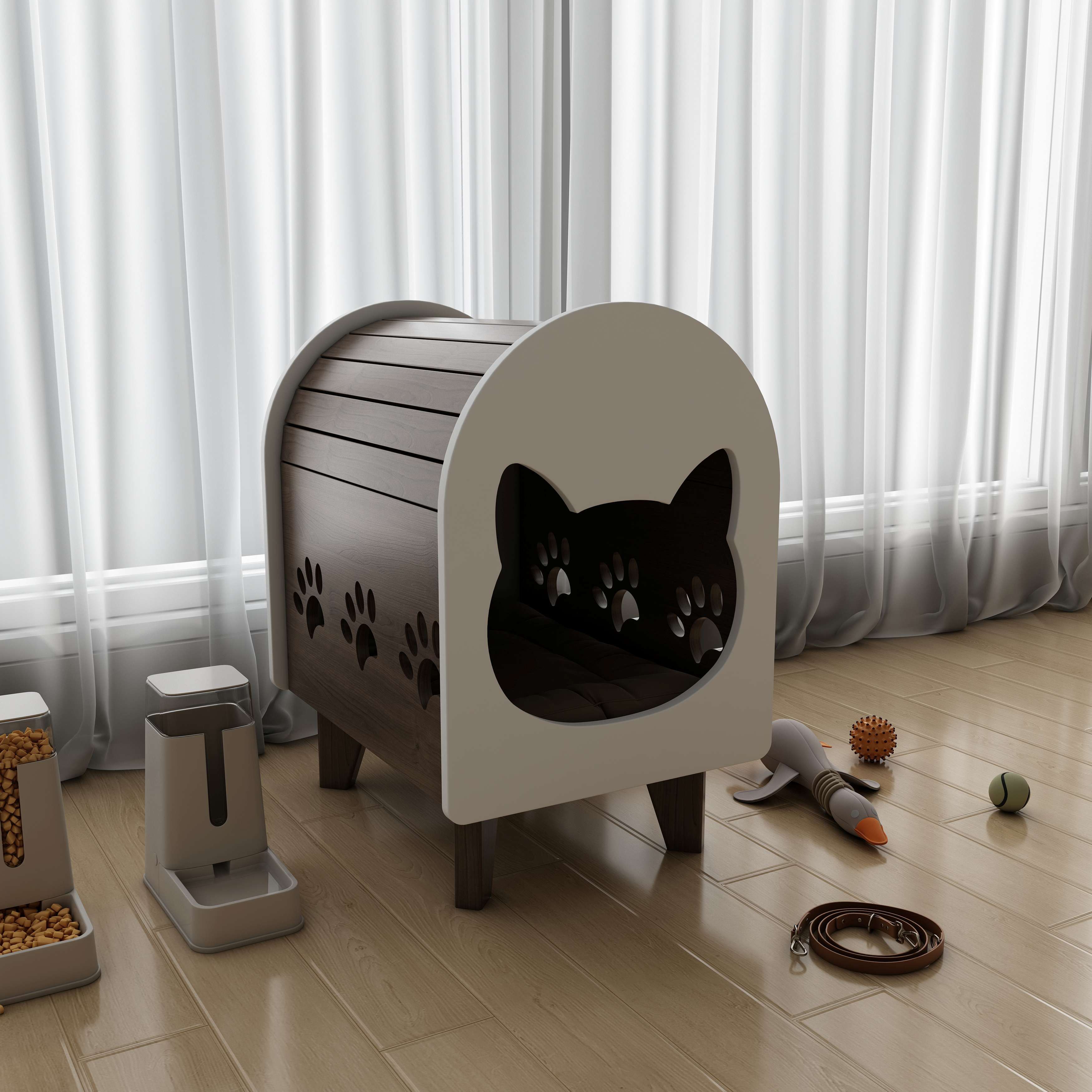 Wooden Cat House Bed with Cushion & Paw Print Cutouts for Indoor Cats