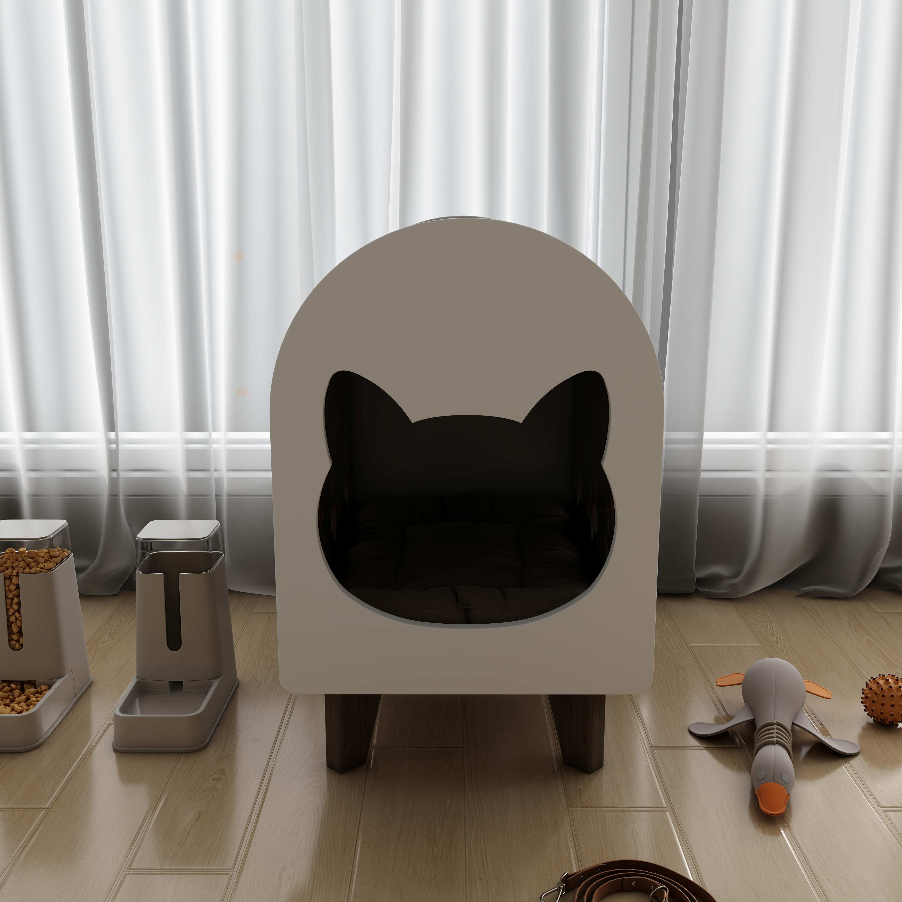 Wooden Cat House Bed with Cushion & Paw Print Cutouts for Indoor Cats