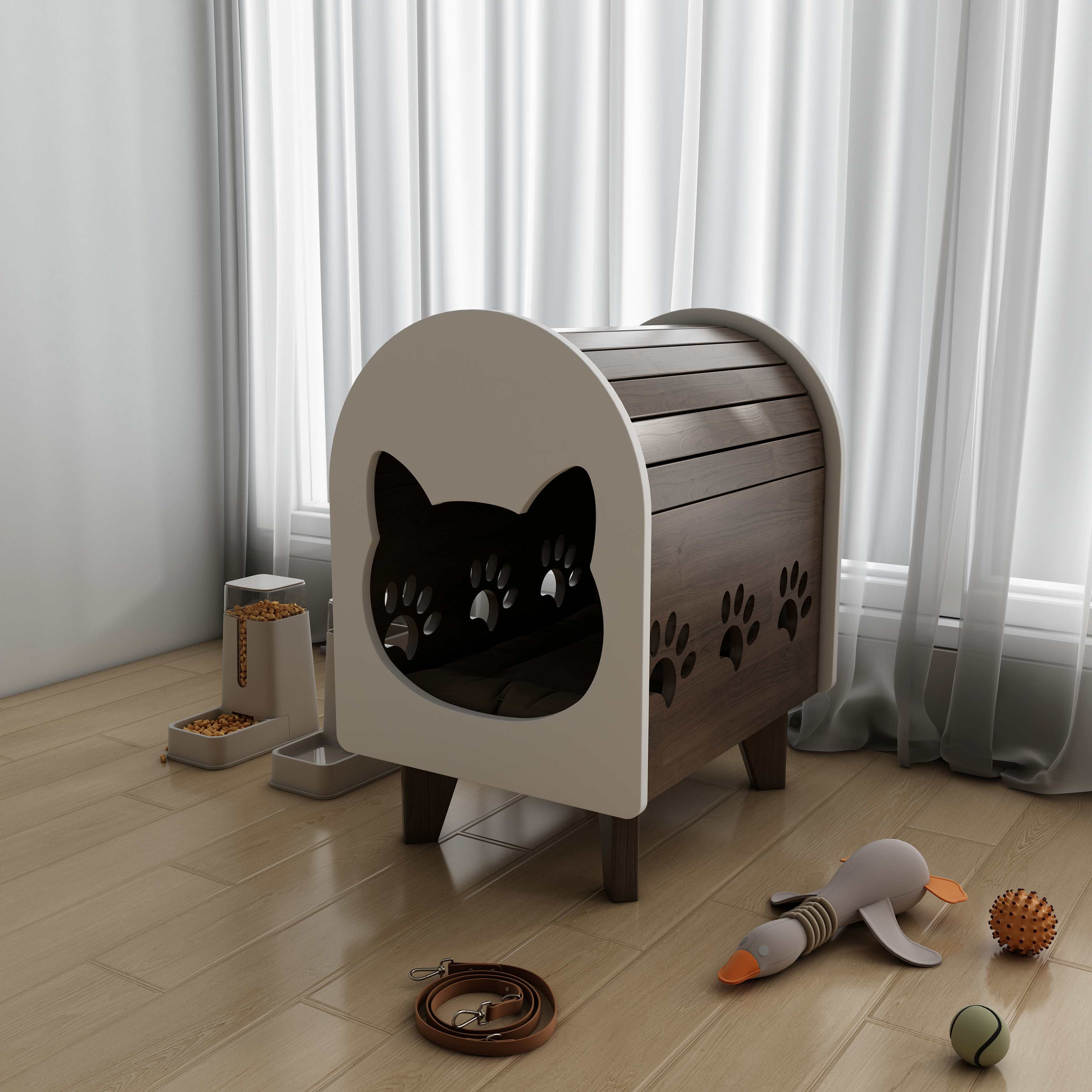 Wooden Cat House Bed with Cushion & Paw Print Cutouts for Indoor Cats