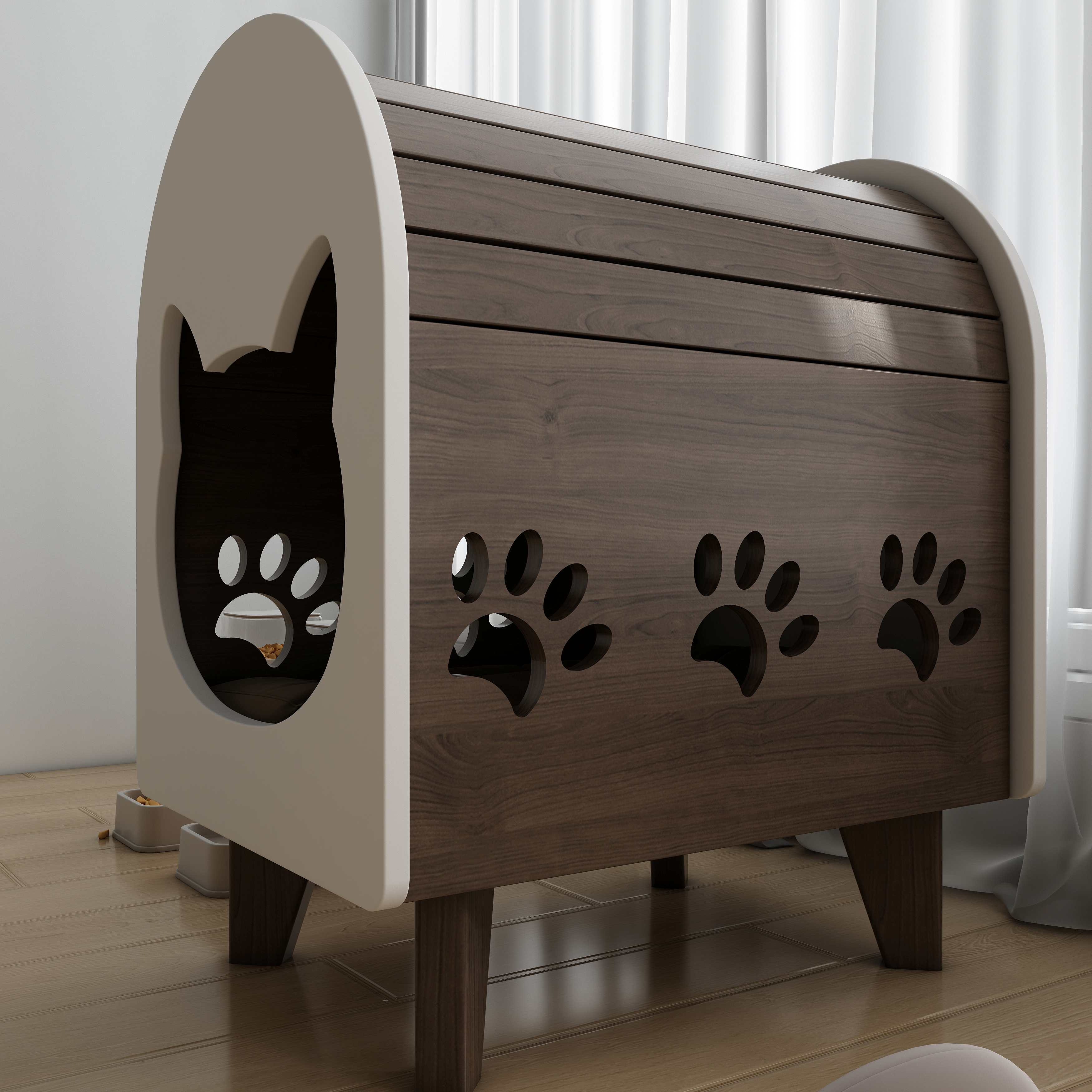 Wooden Cat House Bed with Cushion & Paw Print Cutouts for Indoor Cats