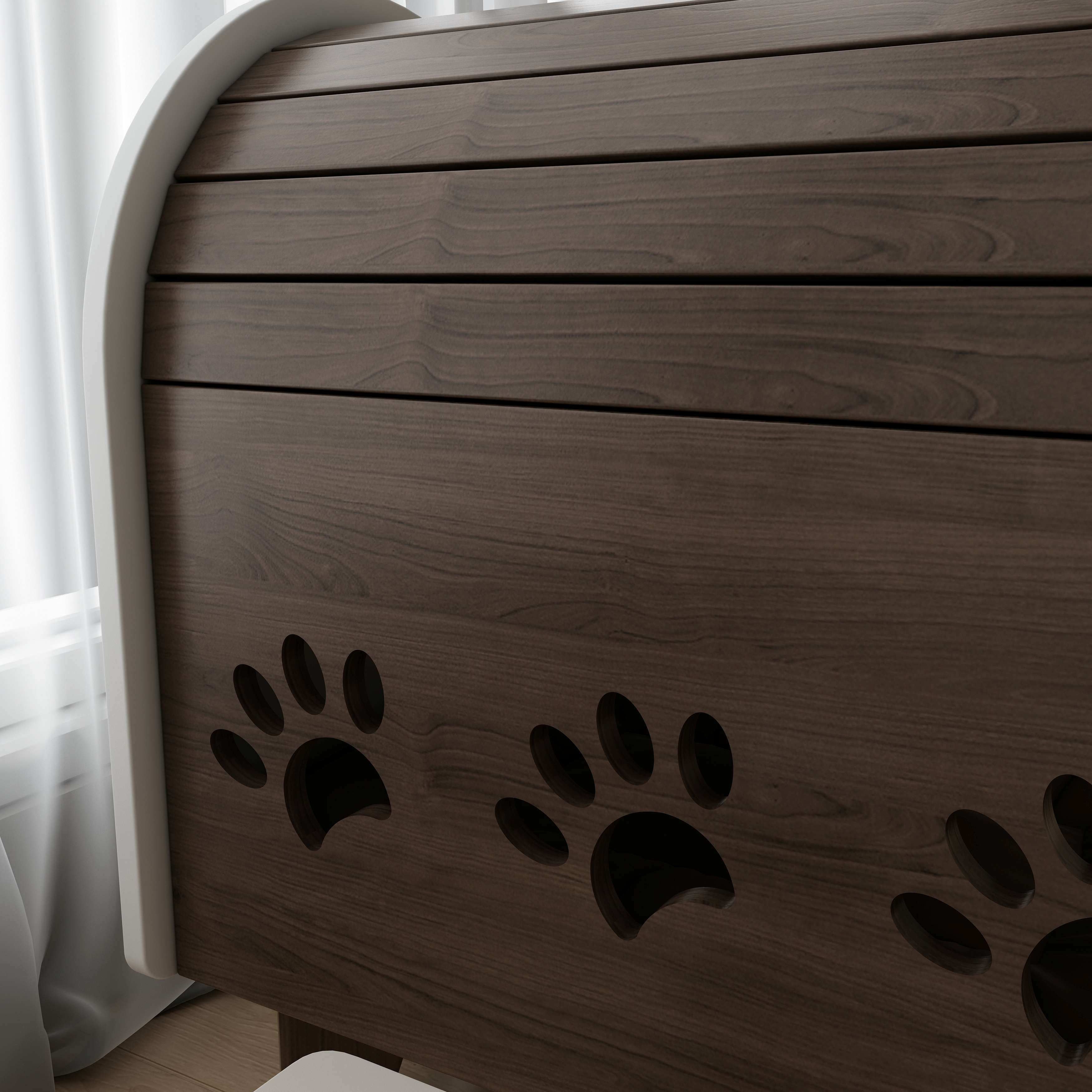 Wooden Cat House Bed with Cushion & Paw Print Cutouts for Indoor Cats