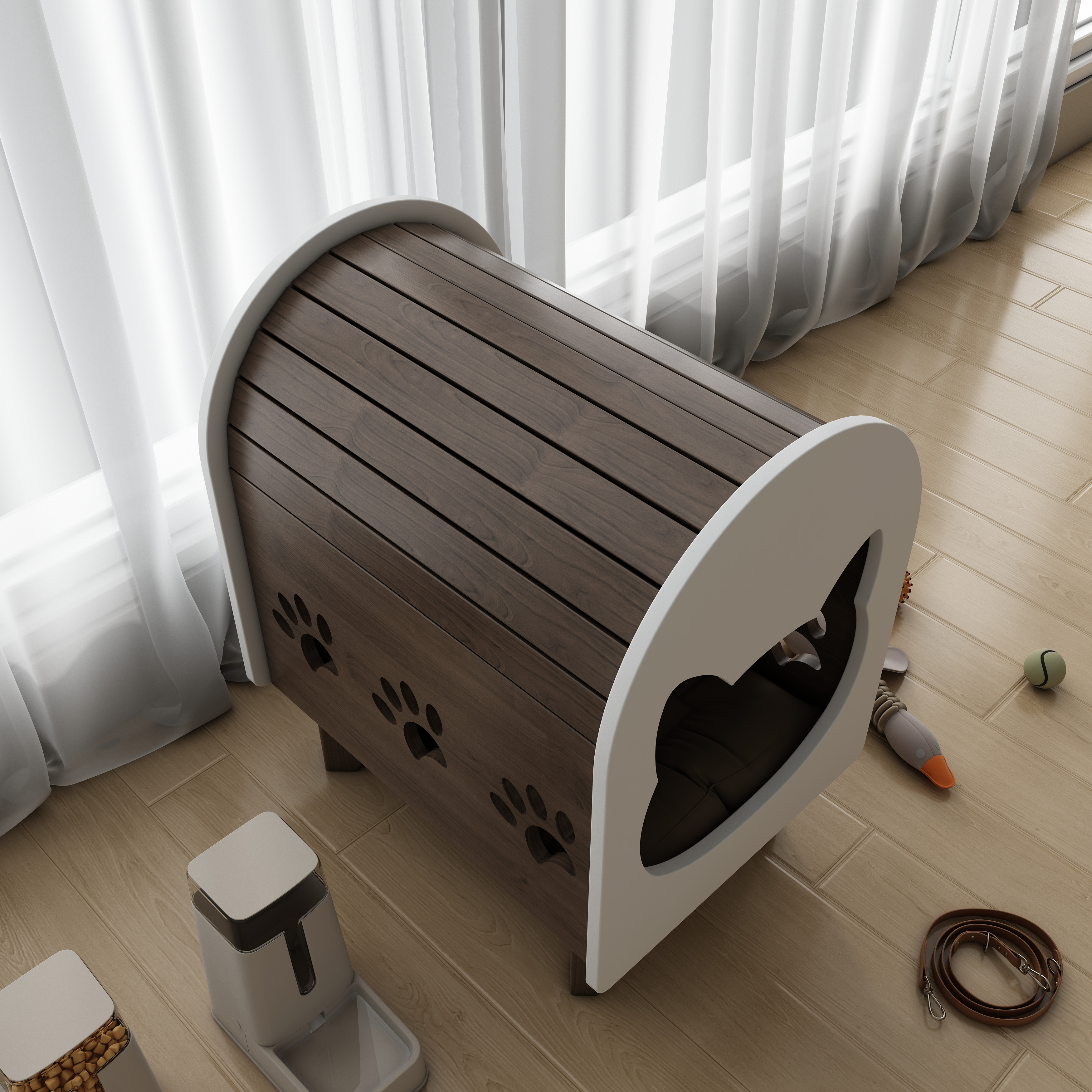 Wooden Cat House Bed with Cushion & Paw Print Cutouts for Indoor Cats