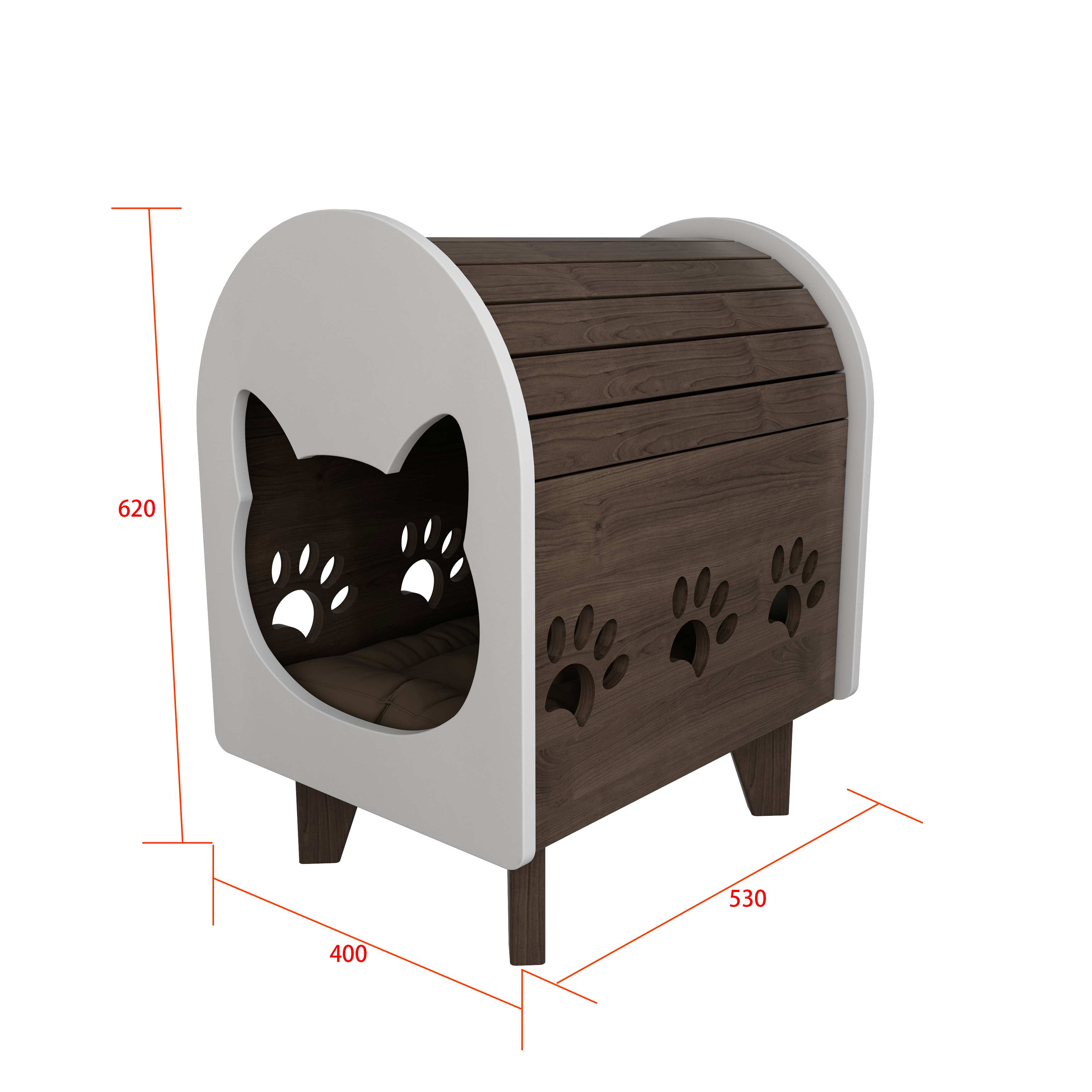 Wooden Cat House Bed with Cushion & Paw Print Cutouts for Indoor Cats