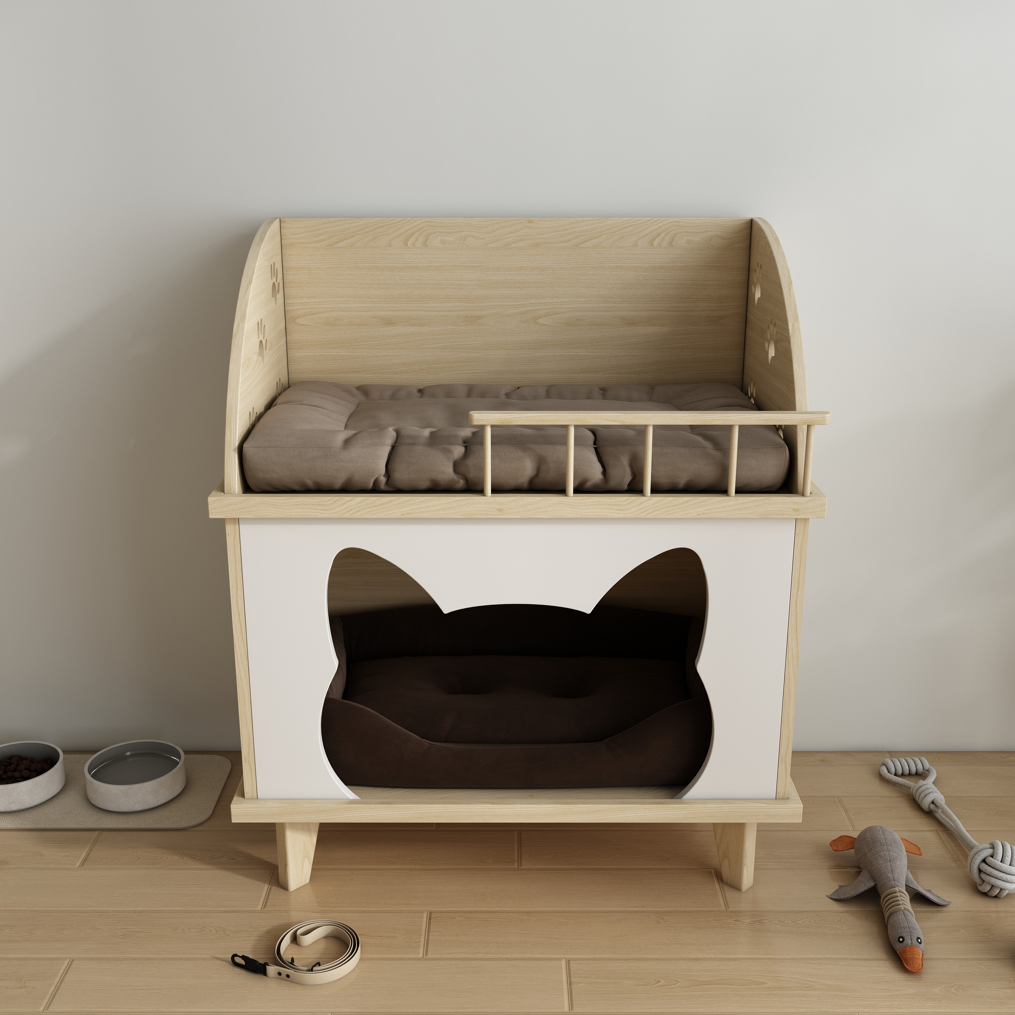 2-Tier Wooden Cat Bed with Upper Lounge & Lower Cave for Indoor Cats
