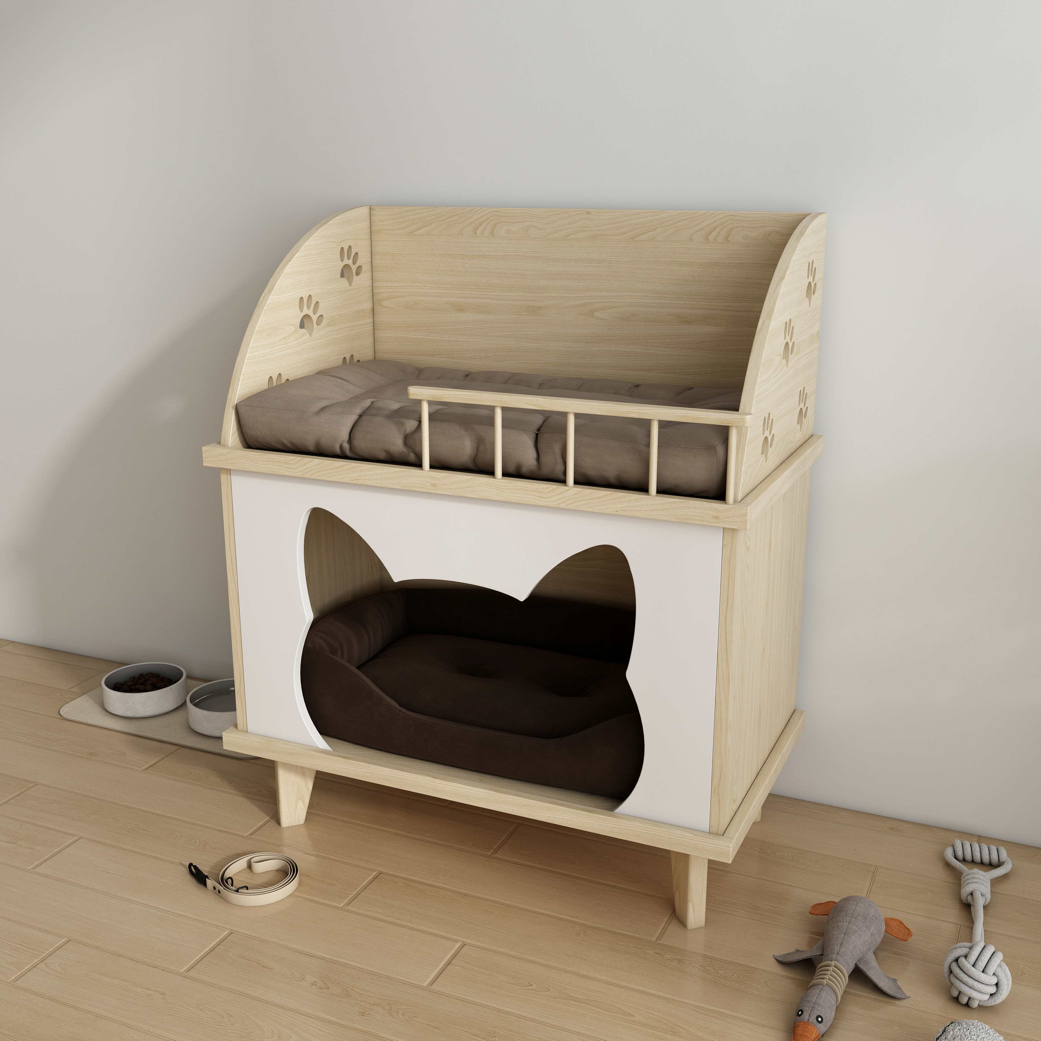 2-Tier Wooden Cat Bed with Upper Lounge & Lower Cave for Indoor Cats