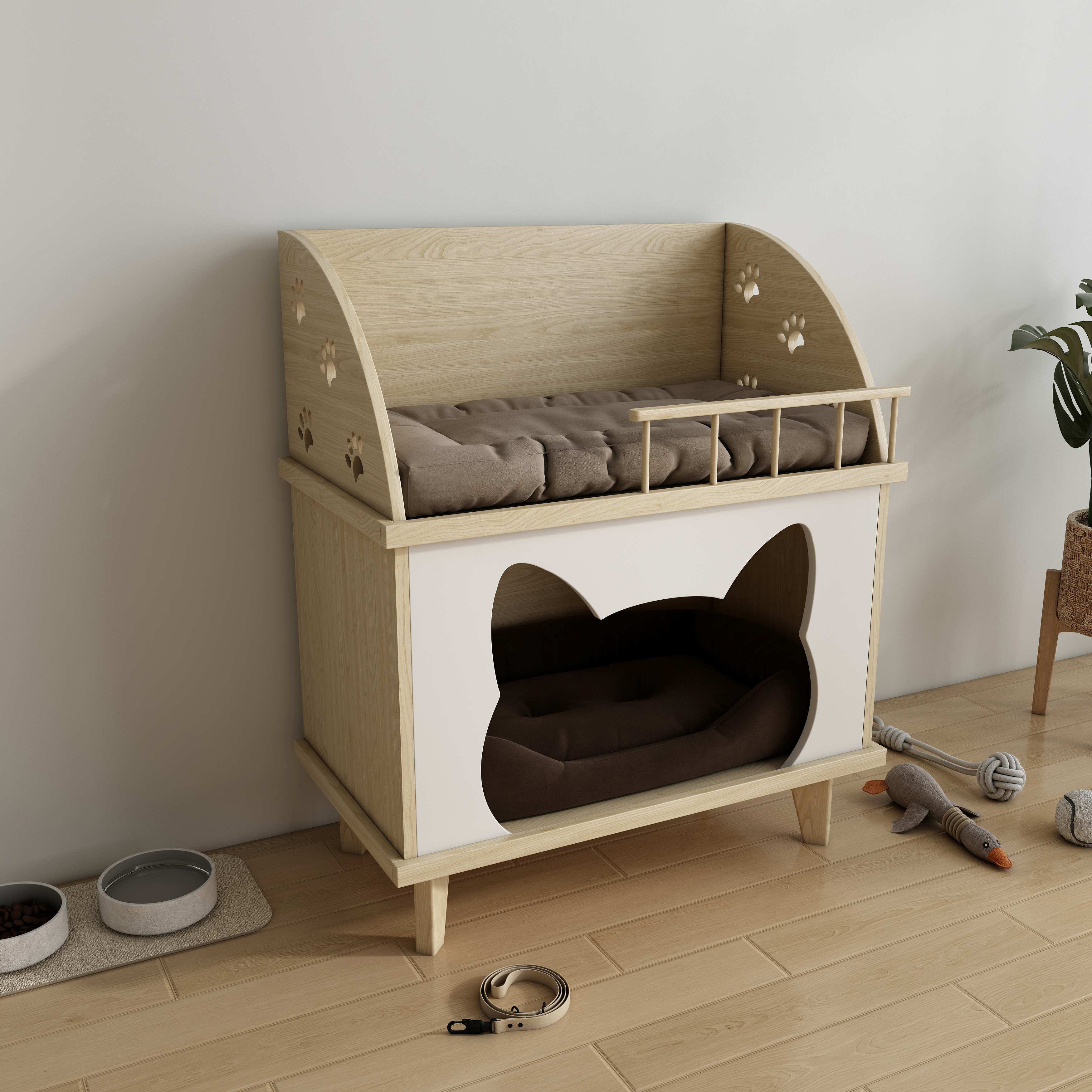 2-Tier Wooden Cat Bed with Upper Lounge & Lower Cave for Indoor Cats