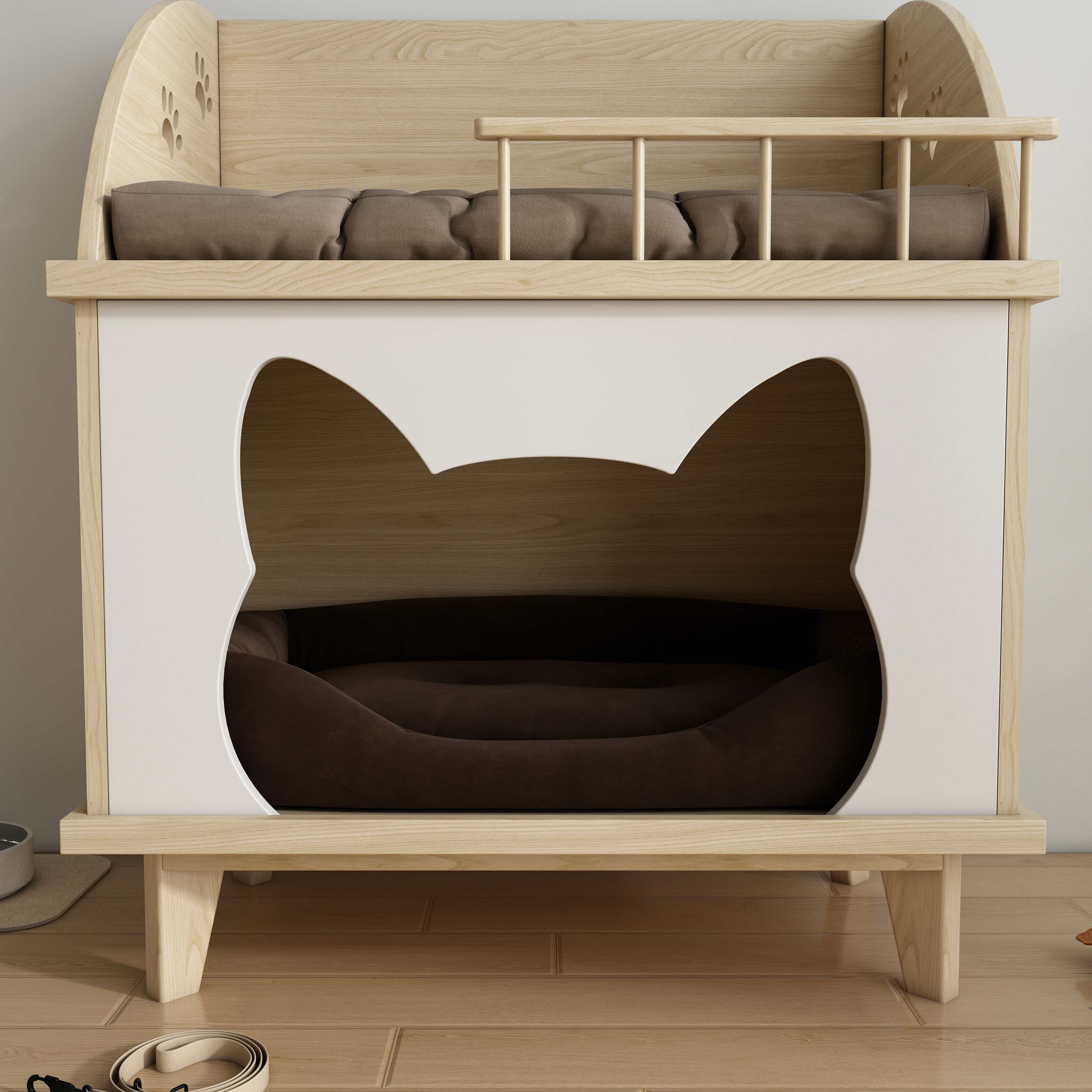 2-Tier Wooden Cat Bed with Upper Lounge & Lower Cave for Indoor Cats