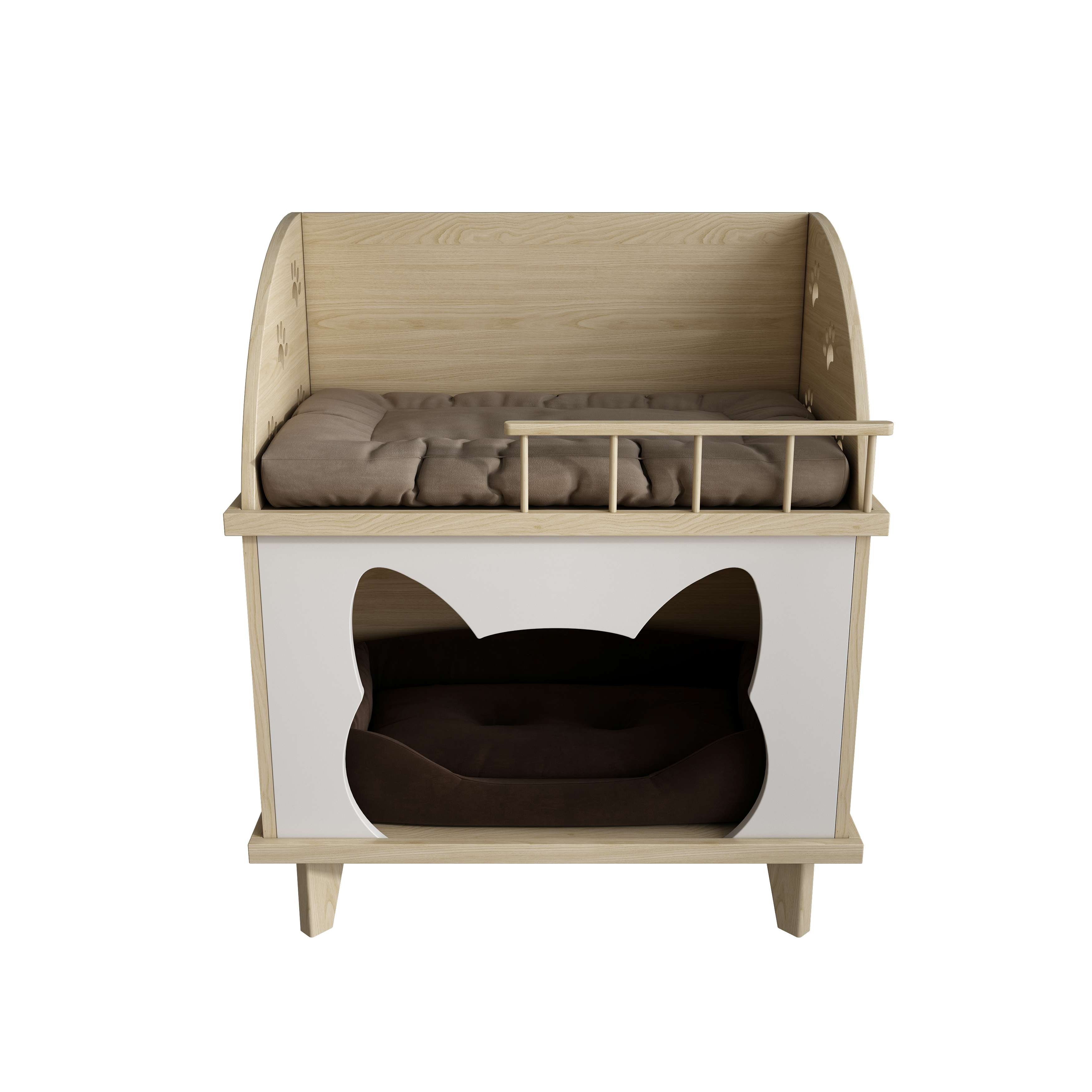 2-Tier Wooden Cat Bed with Upper Lounge & Lower Cave for Indoor Cats
