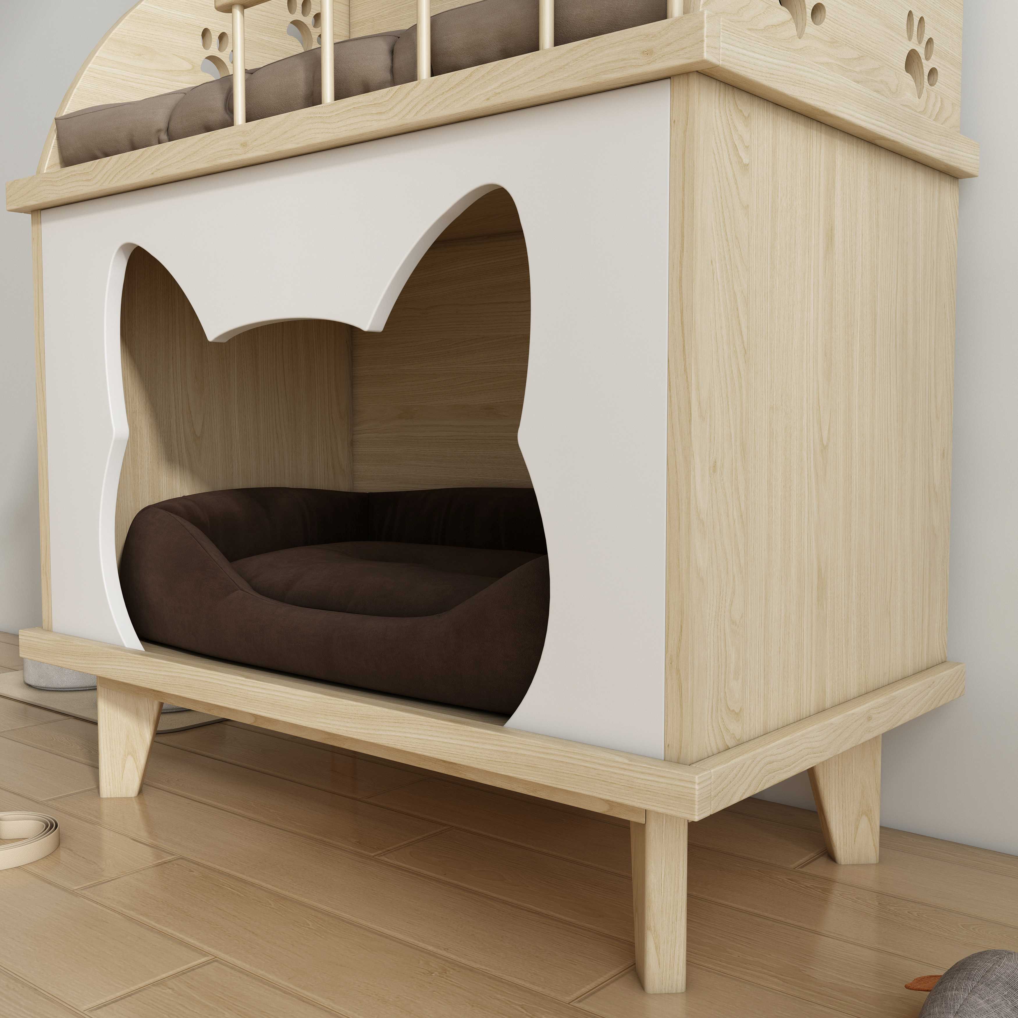 2-Tier Wooden Cat Bed with Upper Lounge & Lower Cave for Indoor Cats