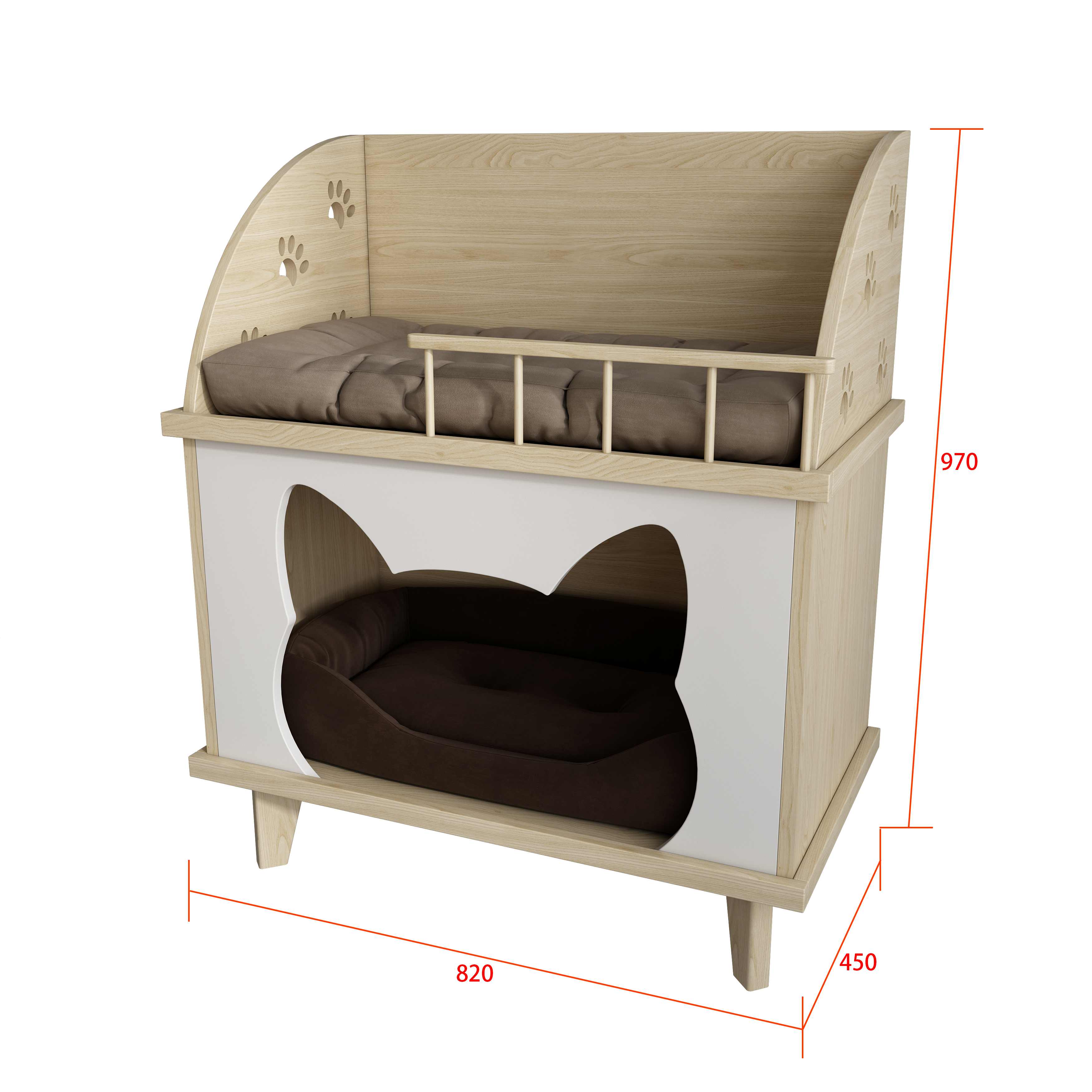2-Tier Wooden Cat Bed with Upper Lounge & Lower Cave for Indoor Cats