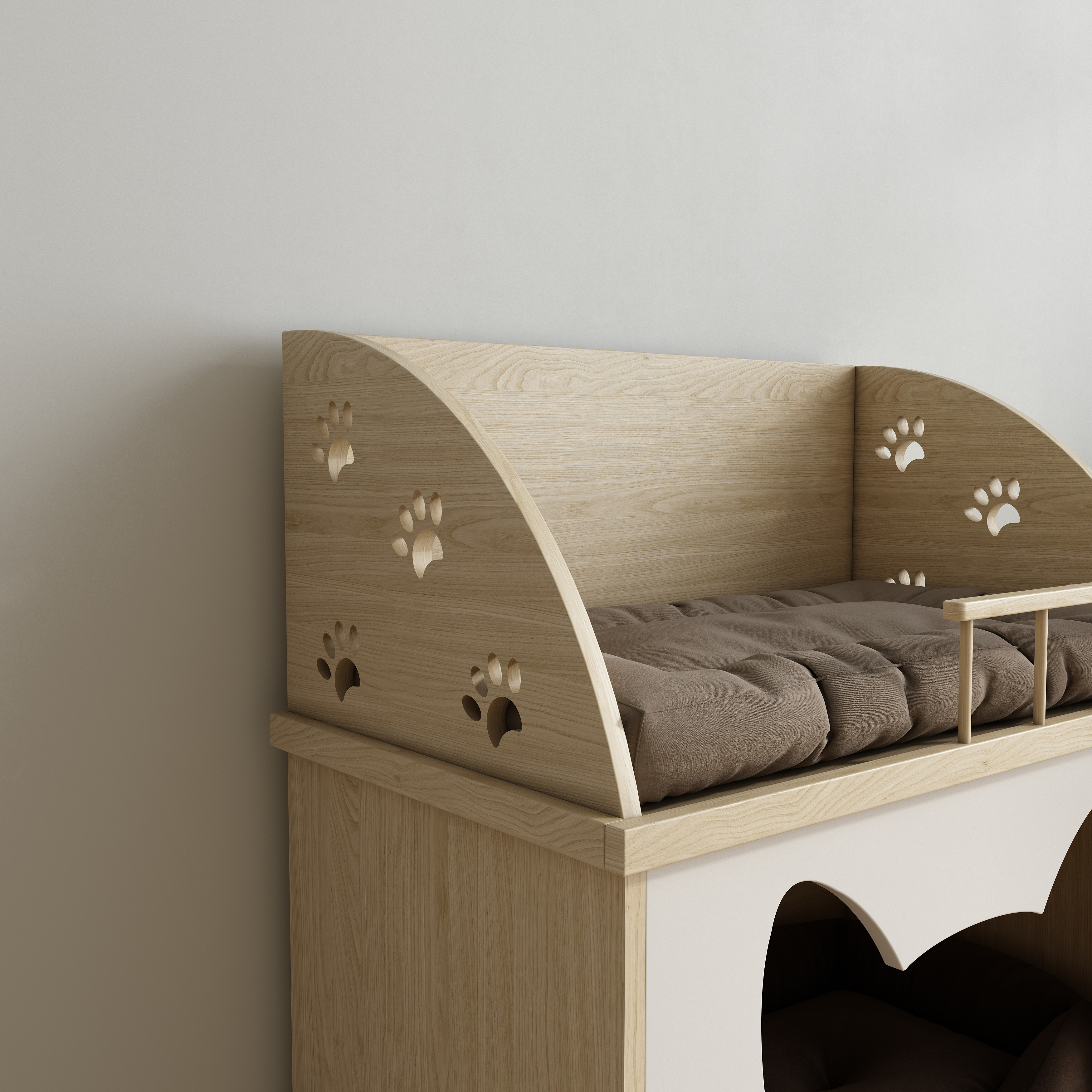 2-Tier Wooden Cat Bed with Upper Lounge & Lower Cave for Indoor Cats