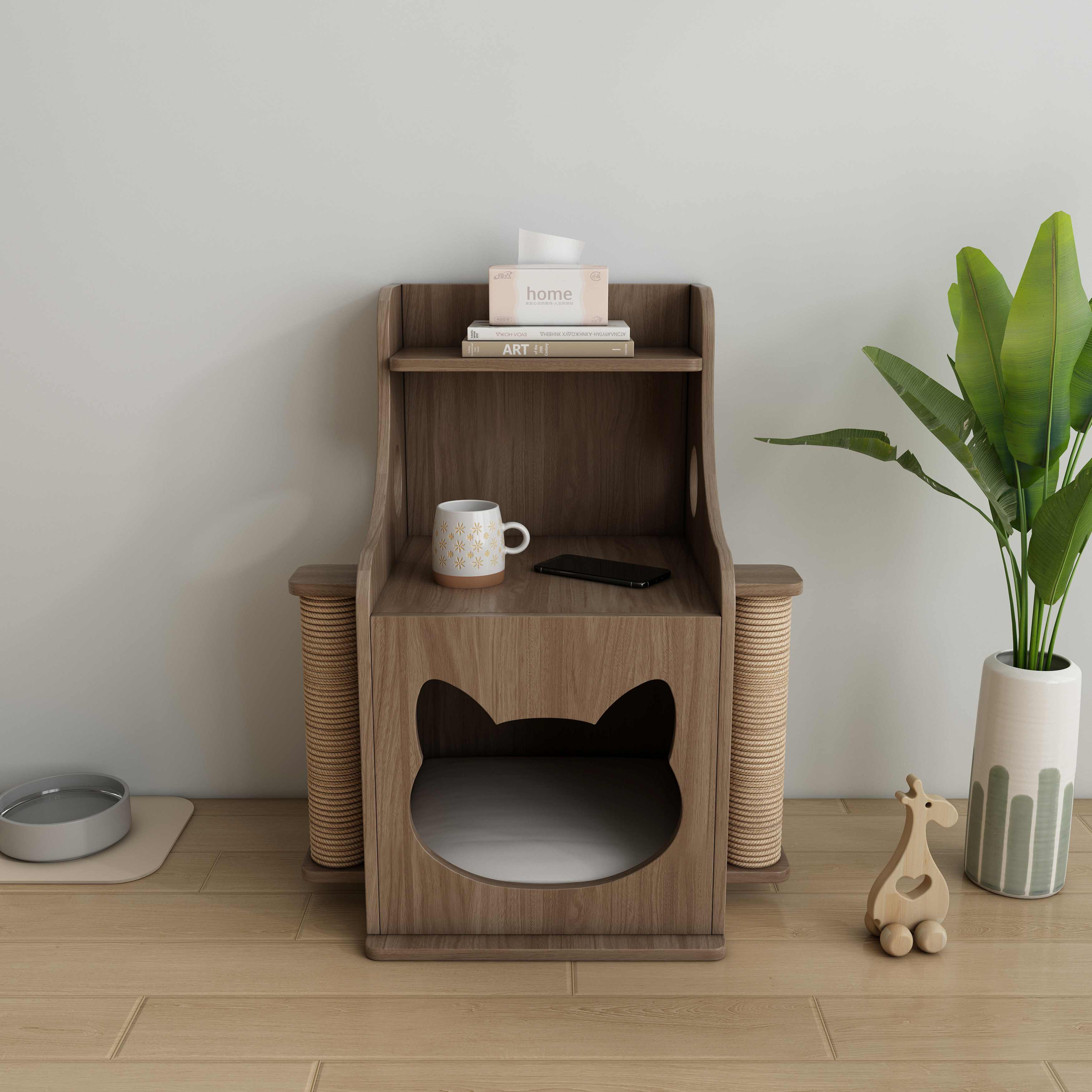 Wooden Cat House Side Table with Sisal Scratching Posts & Storage Shelf