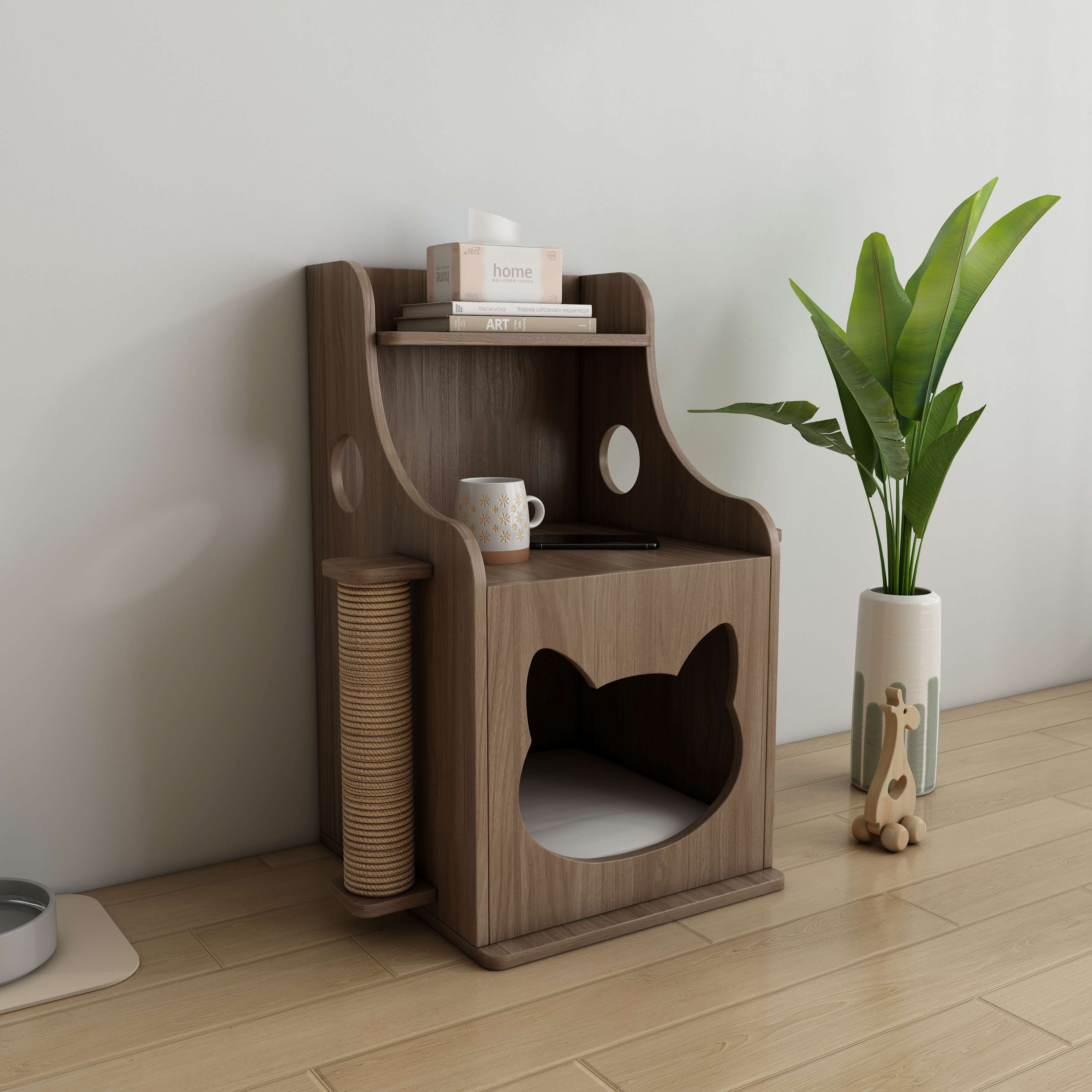 Wooden Cat House Side Table with Sisal Scratching Posts & Storage Shelf