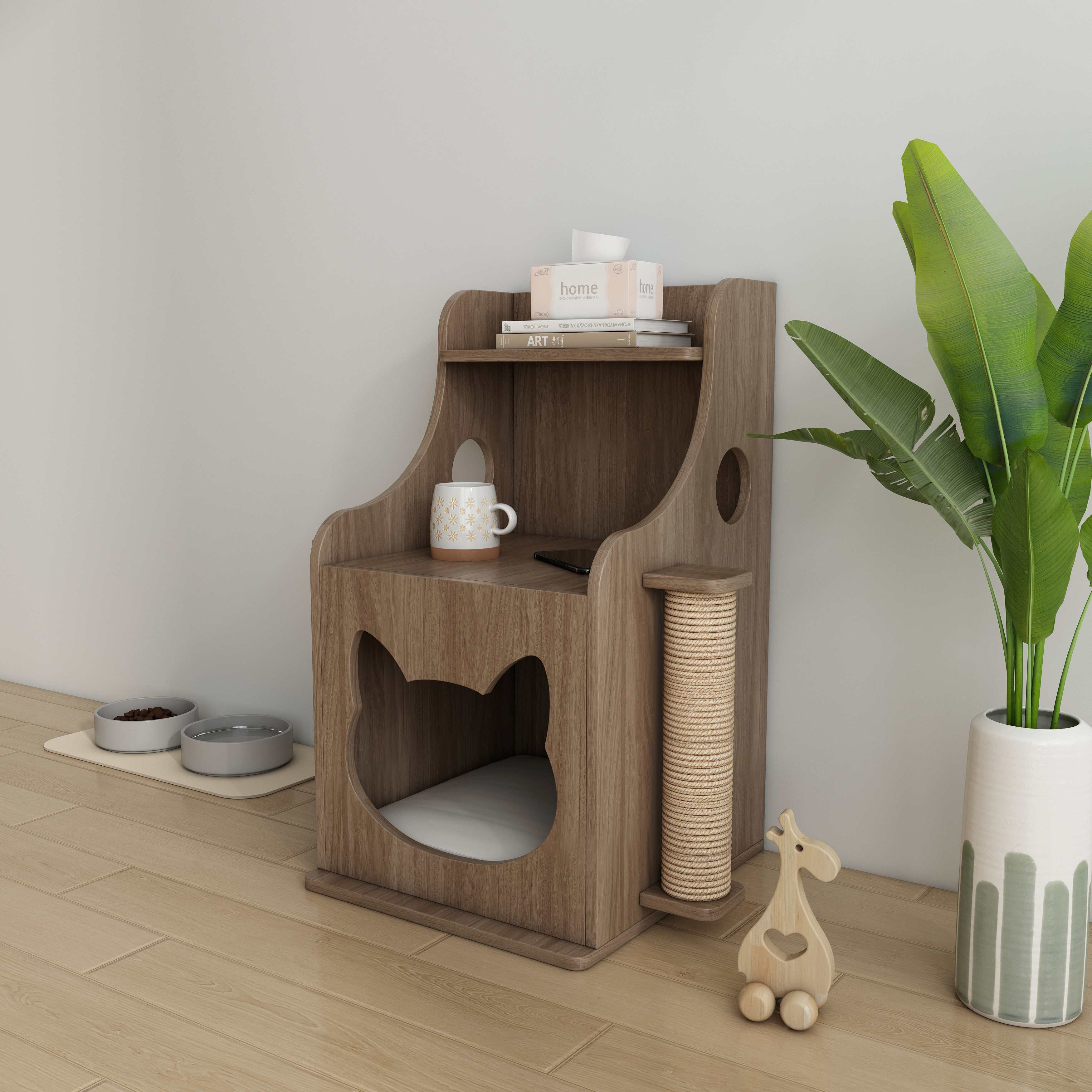 Wooden Cat House Side Table with Sisal Scratching Posts & Storage Shelf
