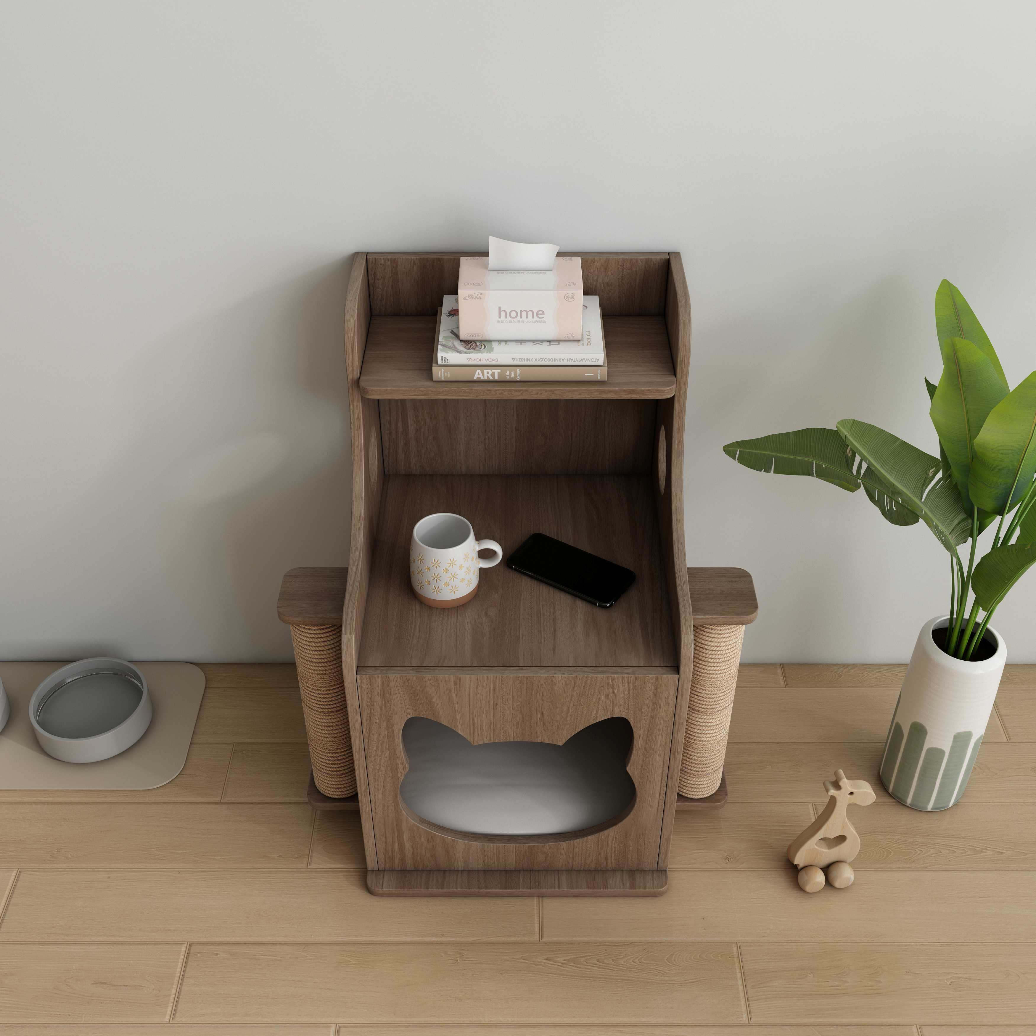 Wooden Cat House Side Table with Sisal Scratching Posts & Storage Shelf