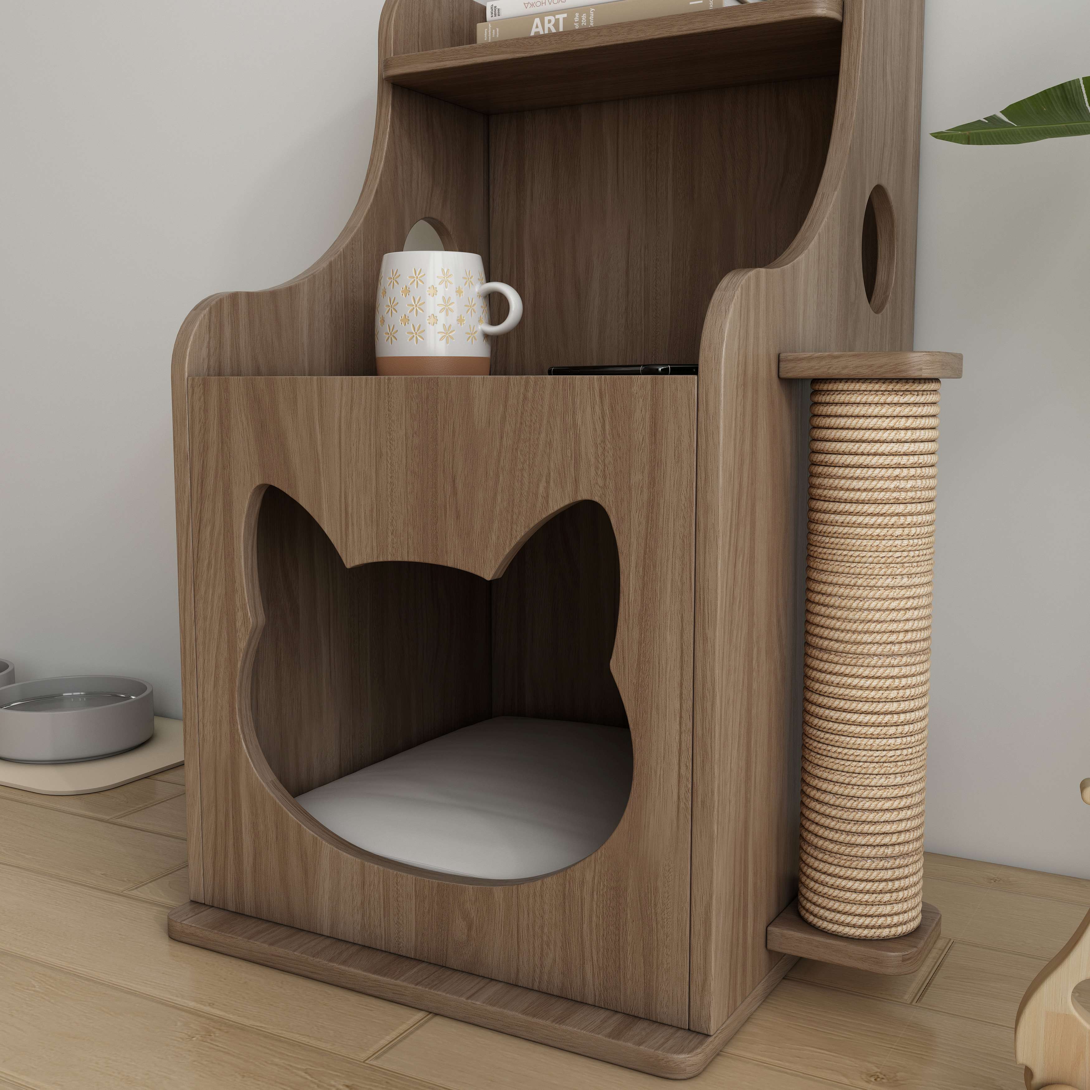 Wooden Cat House Side Table with Sisal Scratching Posts & Storage Shelf